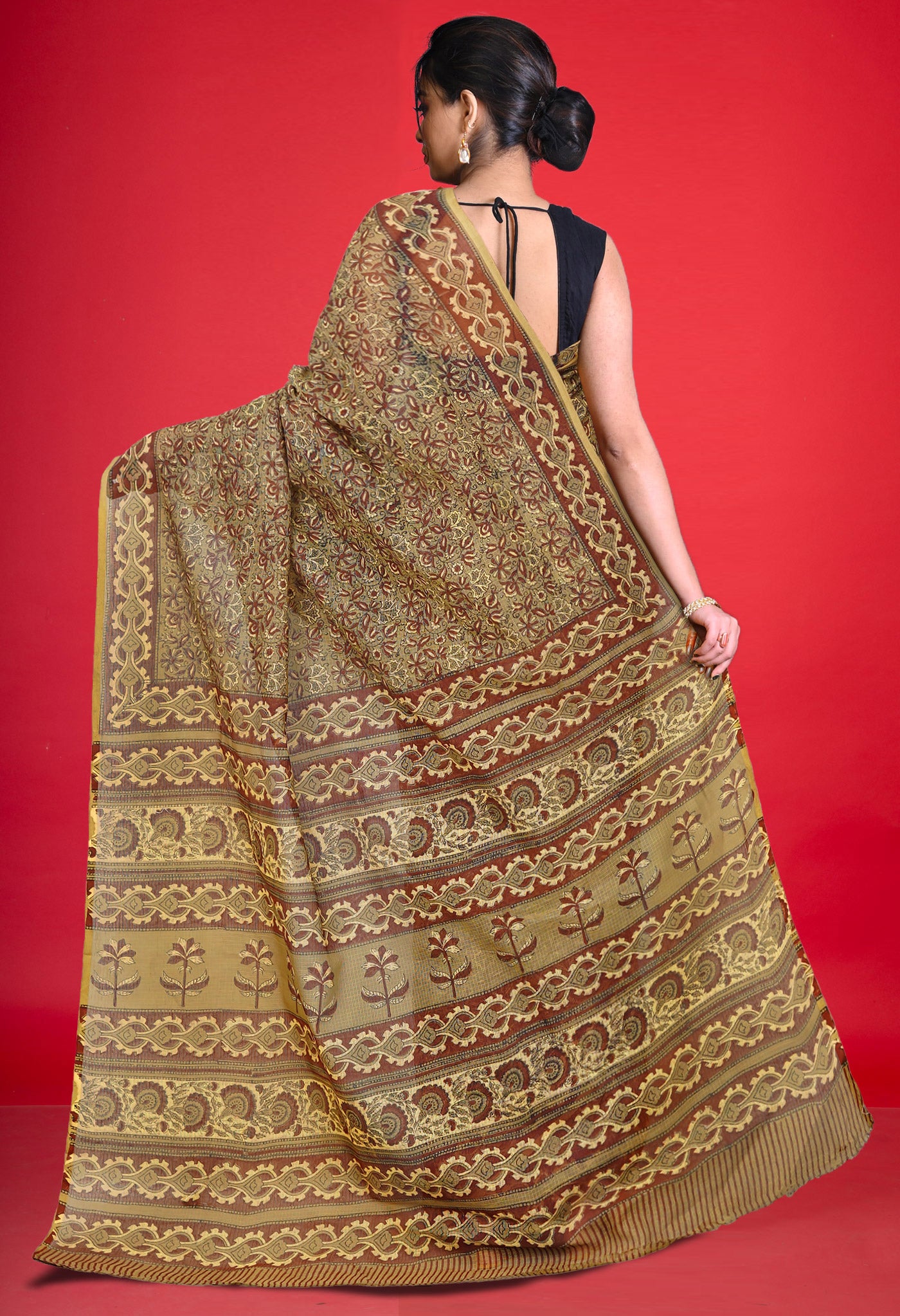 Olive Green Pure Hand Block Printed Kota Saree-UNM80353