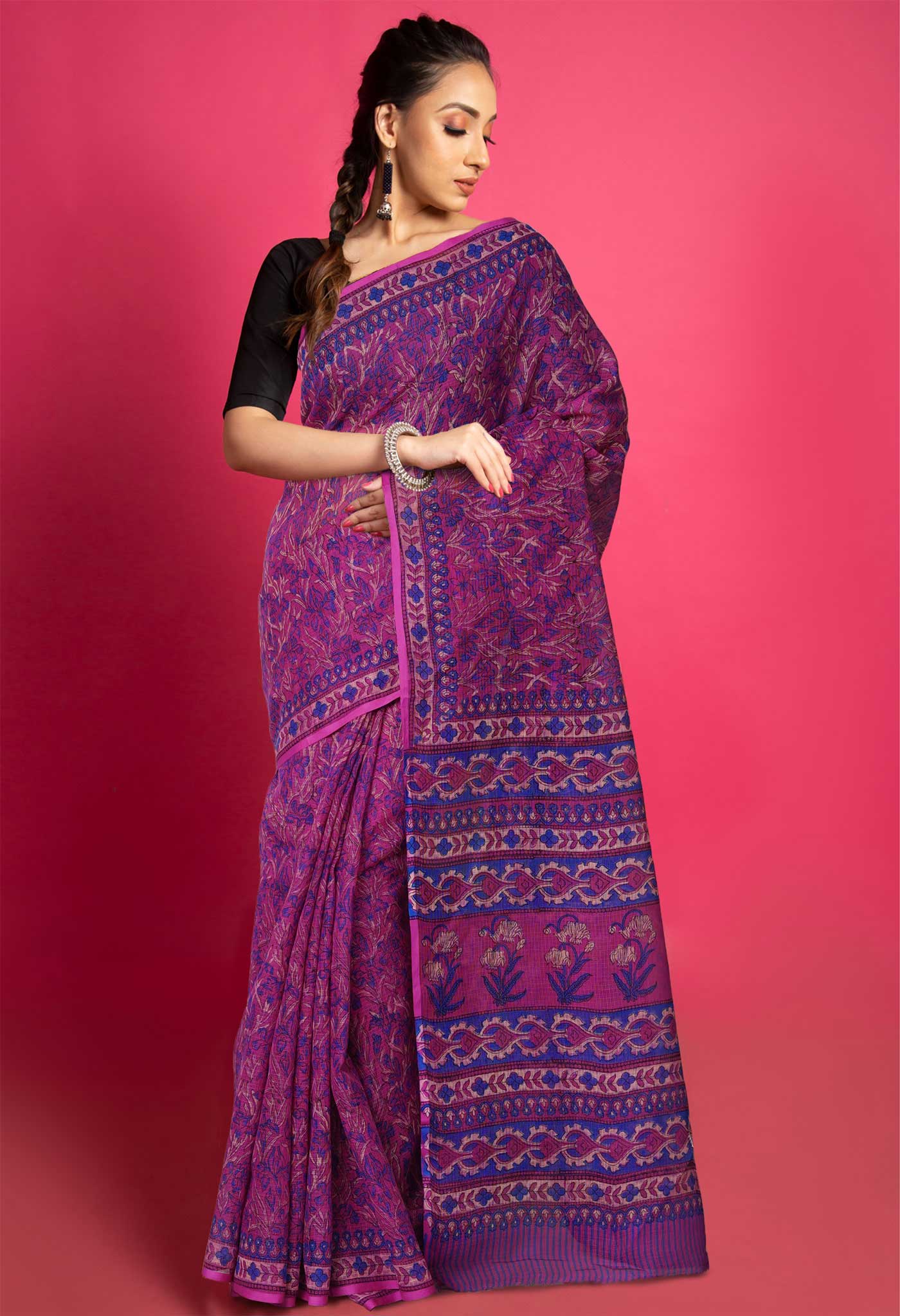 Purple Pure Hand Block Printed Kota Saree-UNM80356