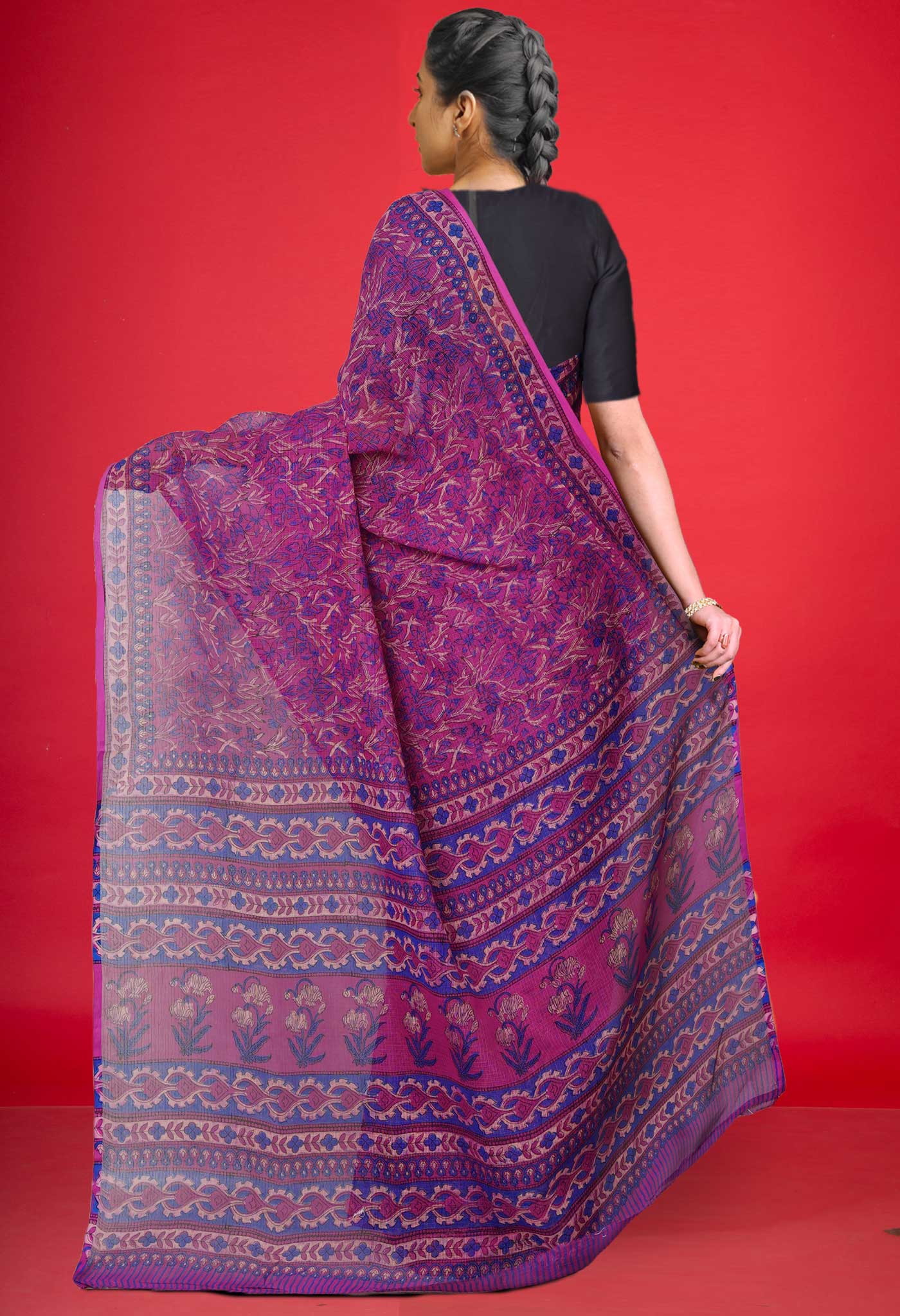 Purple Pure Hand Block Printed Kota Saree-UNM80356