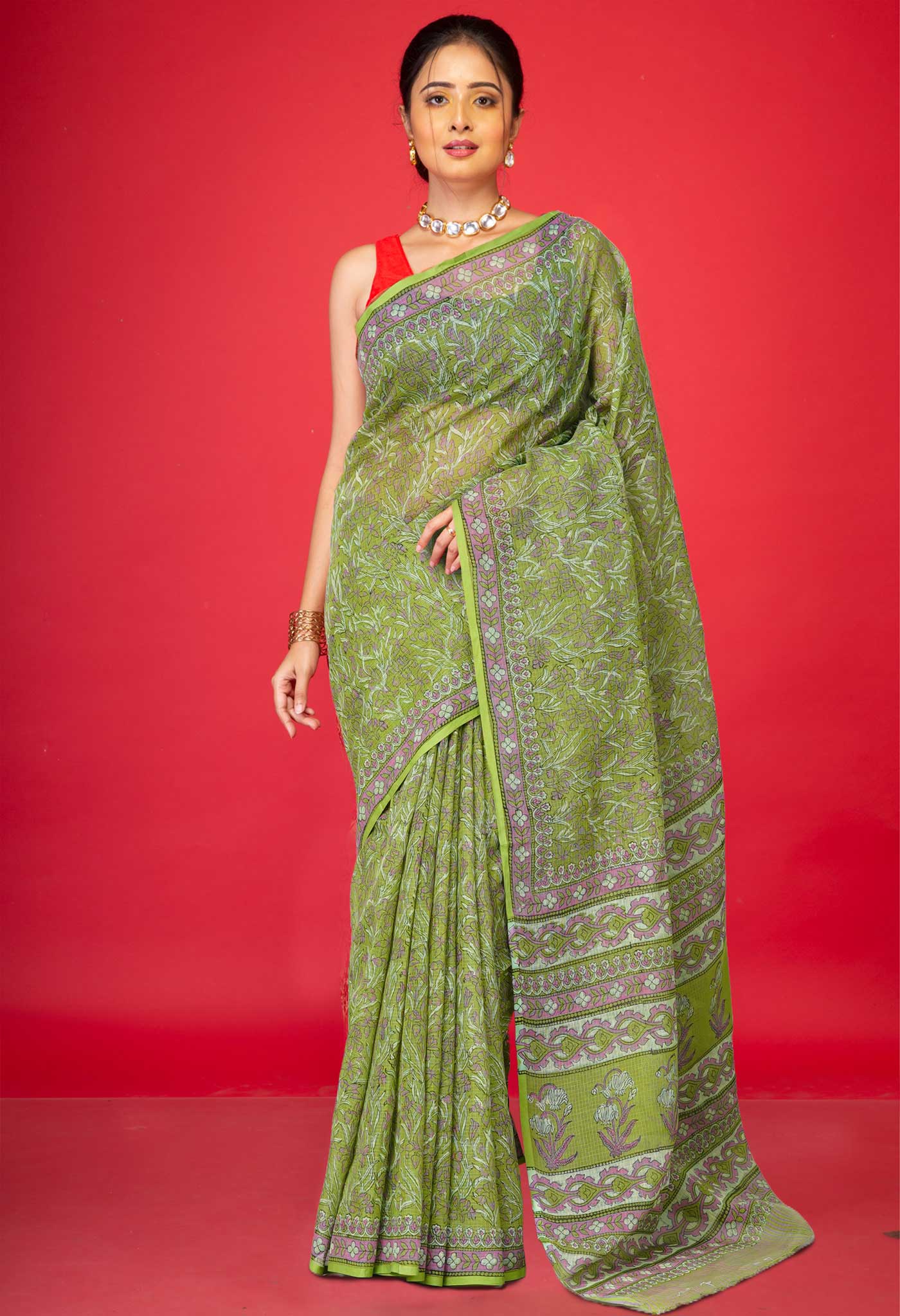 Green Pure Hand Block Printed Kota Saree-UNM80358