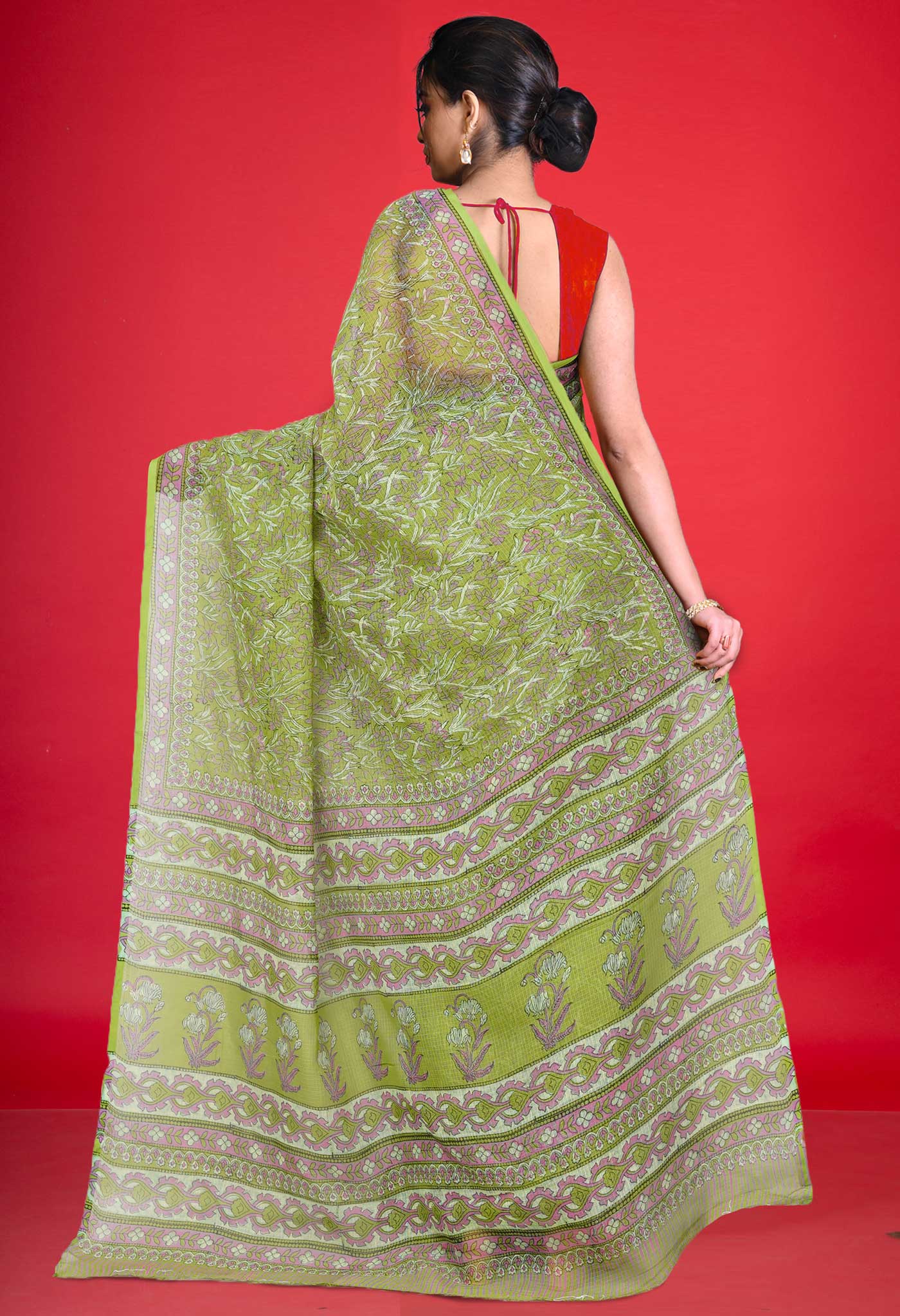 Green Pure Hand Block Printed Kota Saree-UNM80358