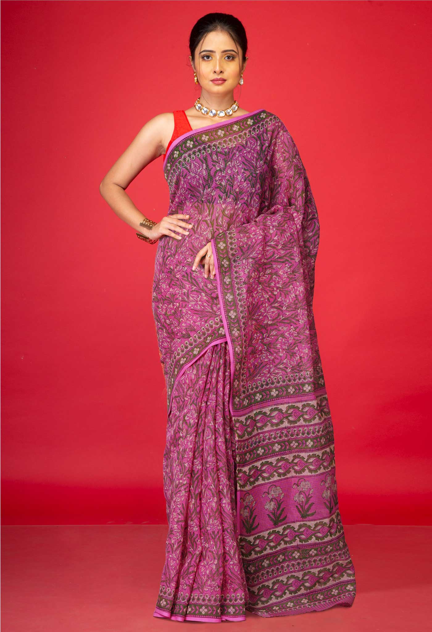 Pink Pure Hand Block Printed Kota Saree-UNM80359