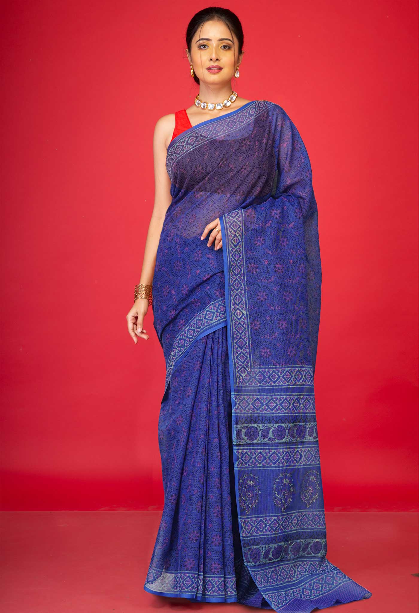 Blue Pure Hand Block Printed Kota Saree-UNM80367