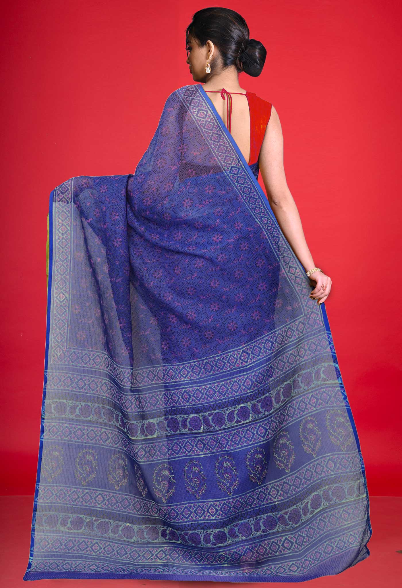 Blue Pure Hand Block Printed Kota Saree-UNM80367