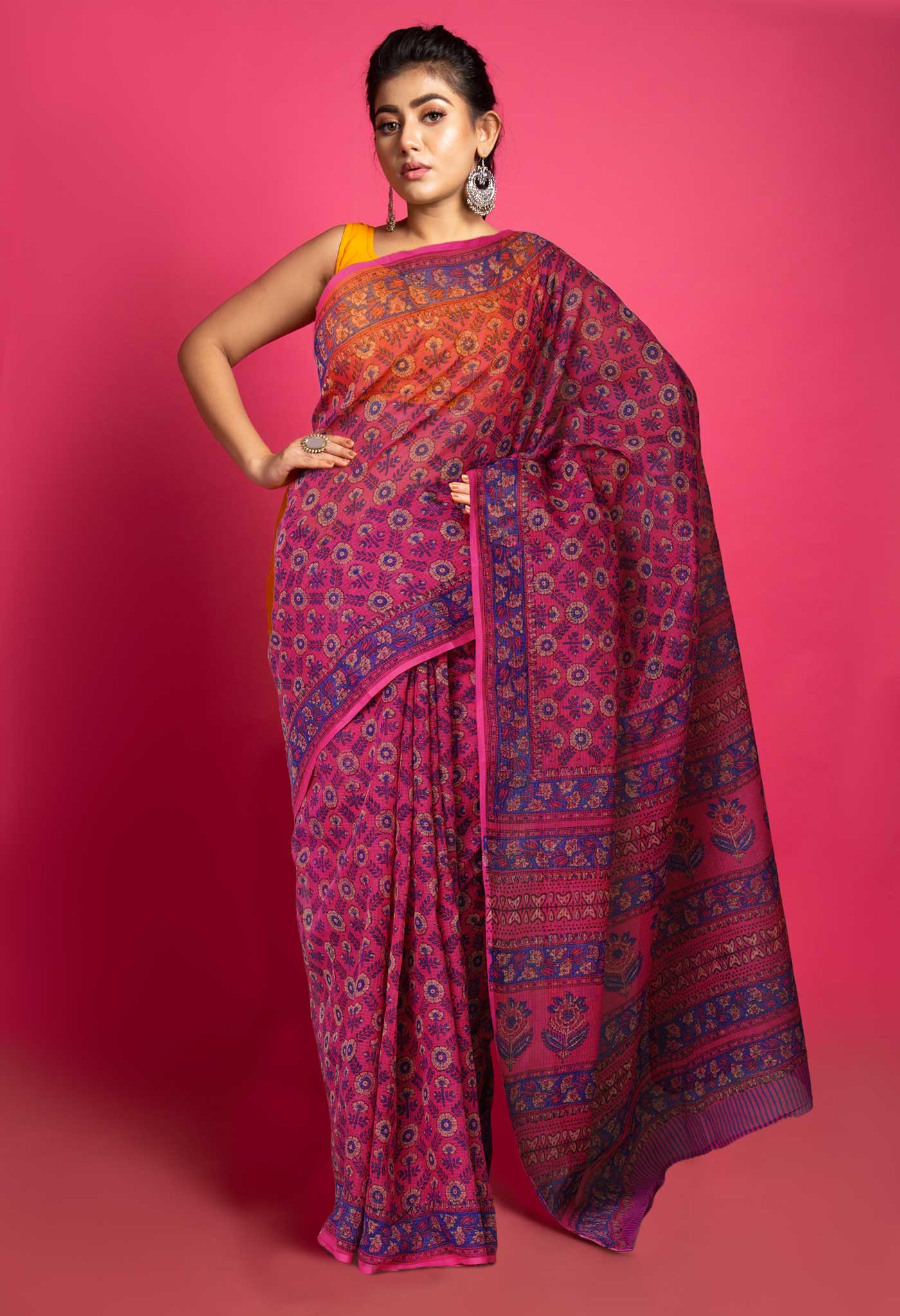 Pink Pure Hand Block Printed Kota Saree-UNM80368