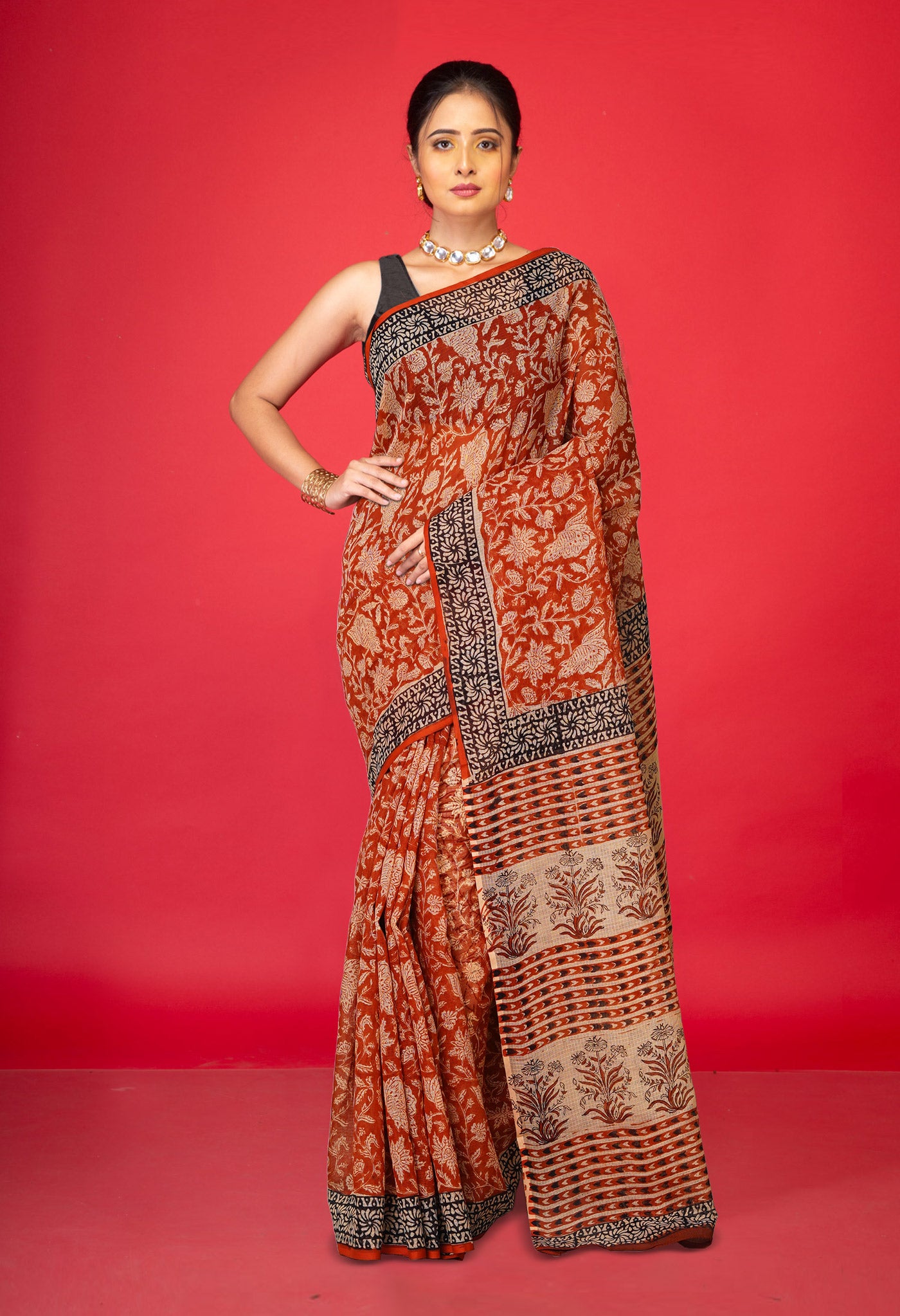 Red Pure Bagru Block Printed Kota Saree-UNM80370