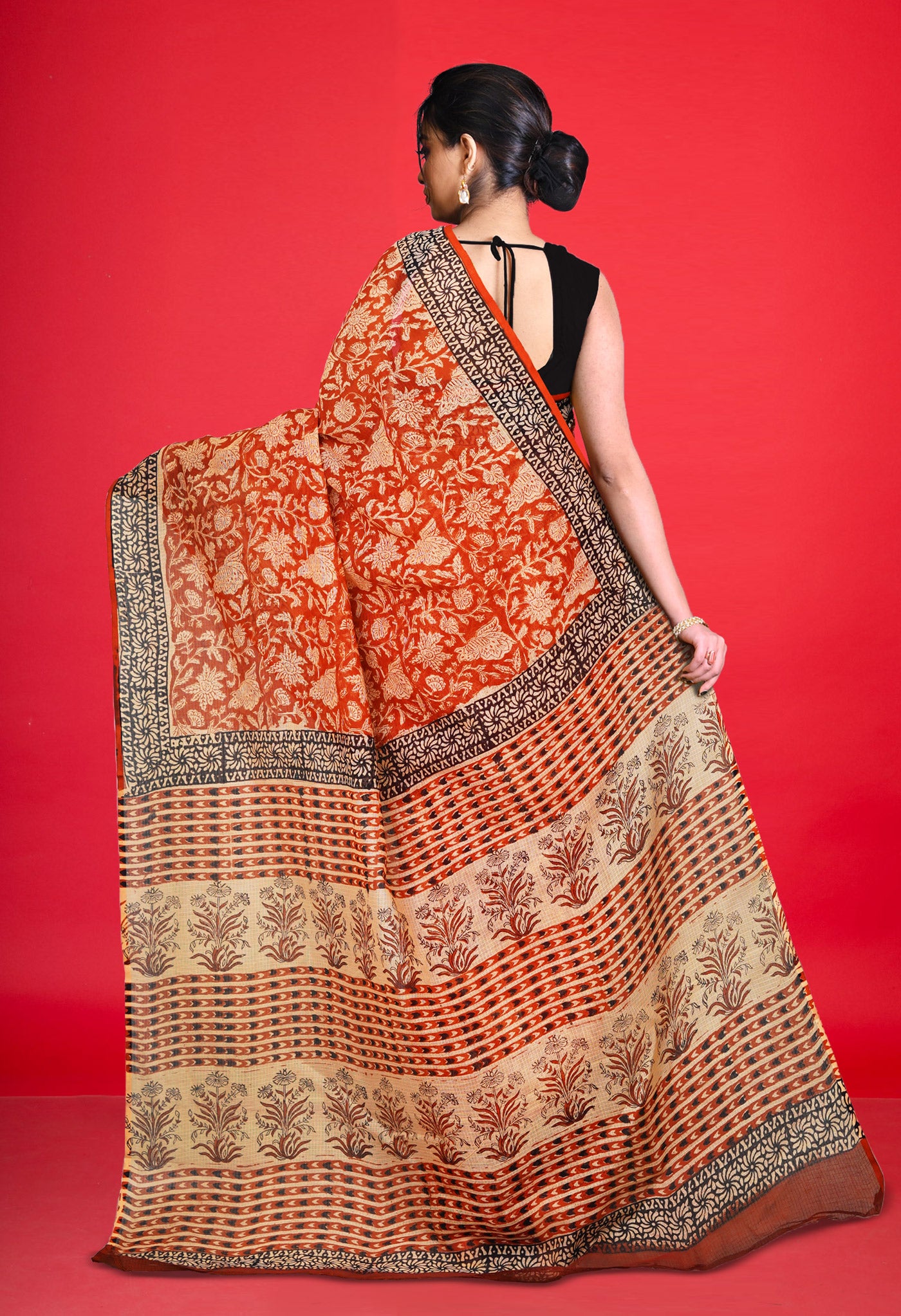 Red Pure Bagru Block Printed Kota Saree-UNM80370