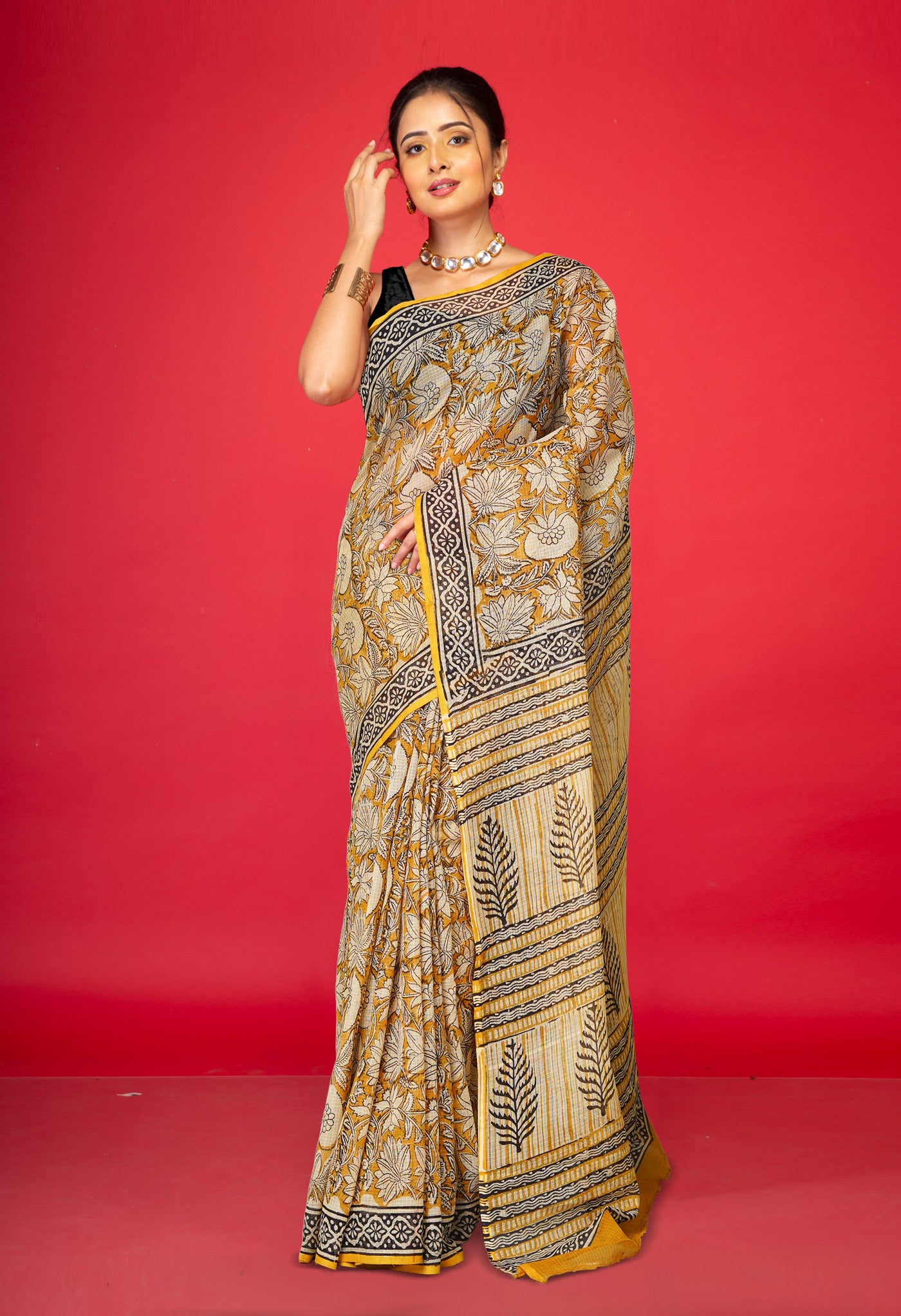 Yellow Pure Bagru Block Printed Kota Saree-UNM80371