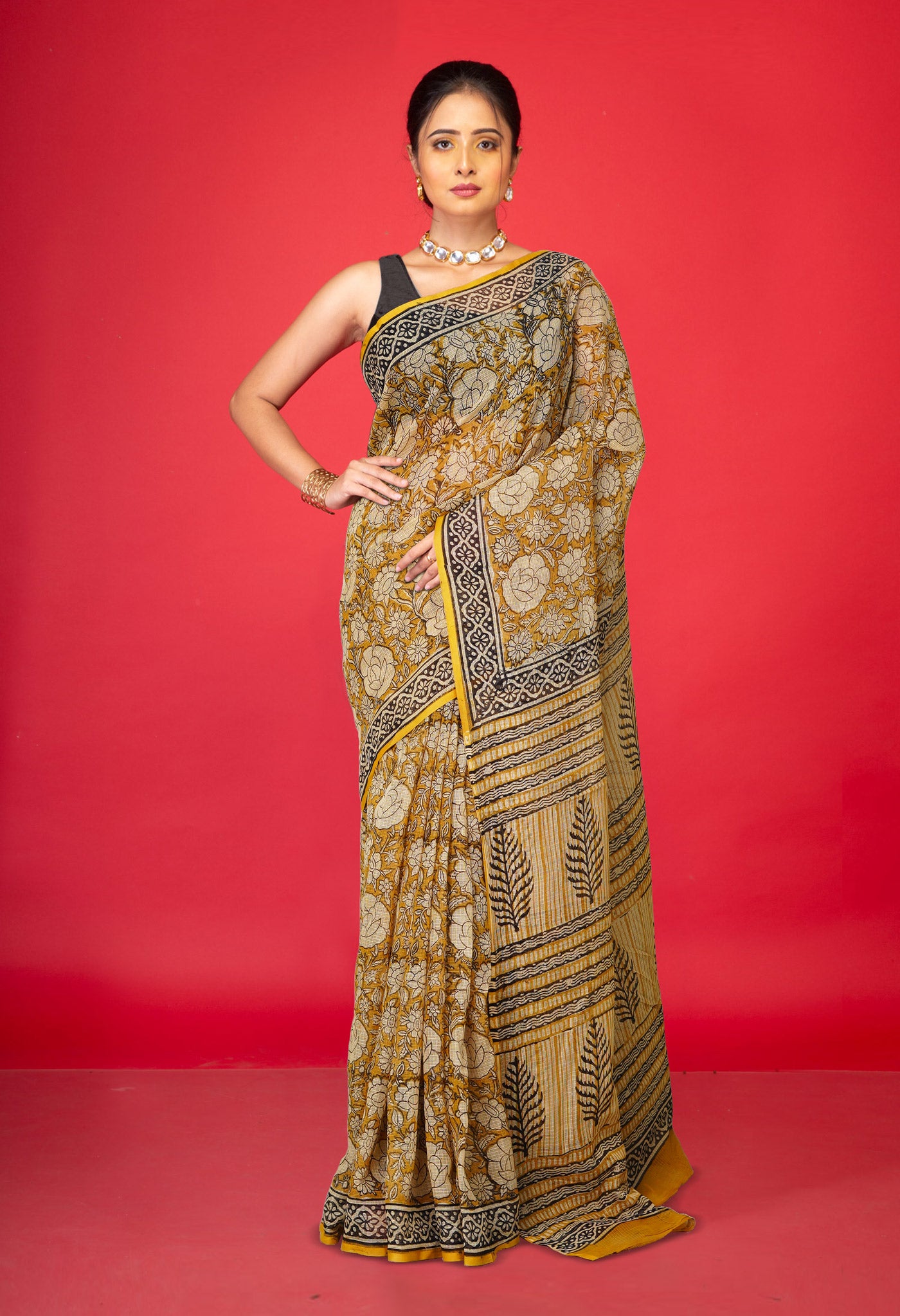 Yellow Pure Bagru Block Printed Kota Saree-UNM80372