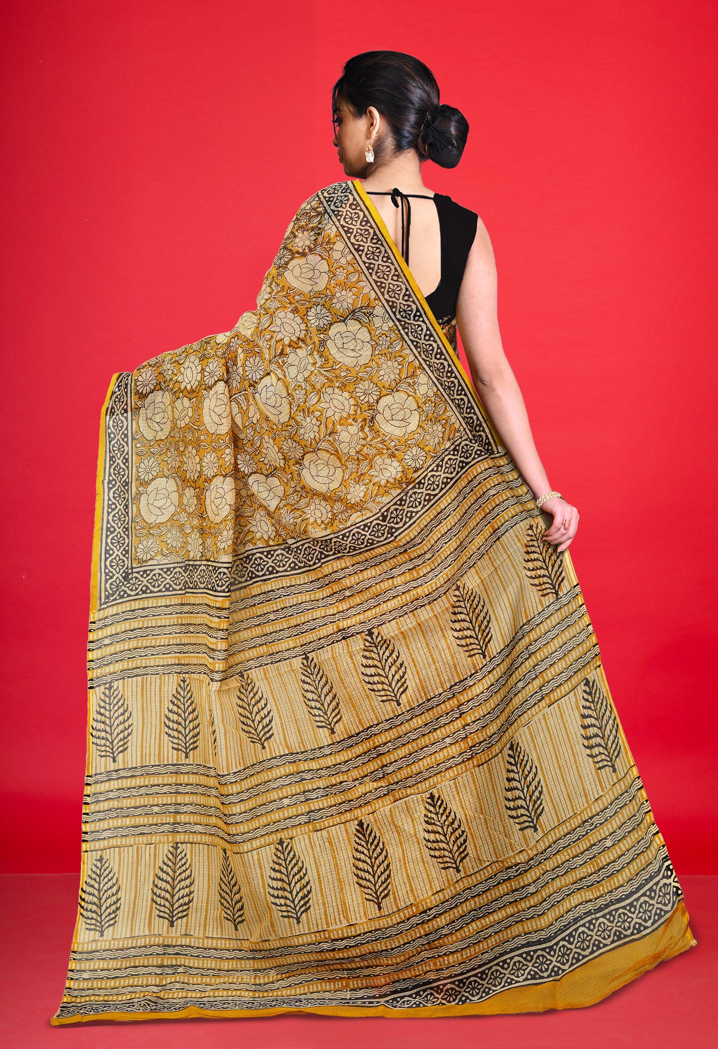 Yellow Pure Bagru Block Printed Kota Saree-UNM80372