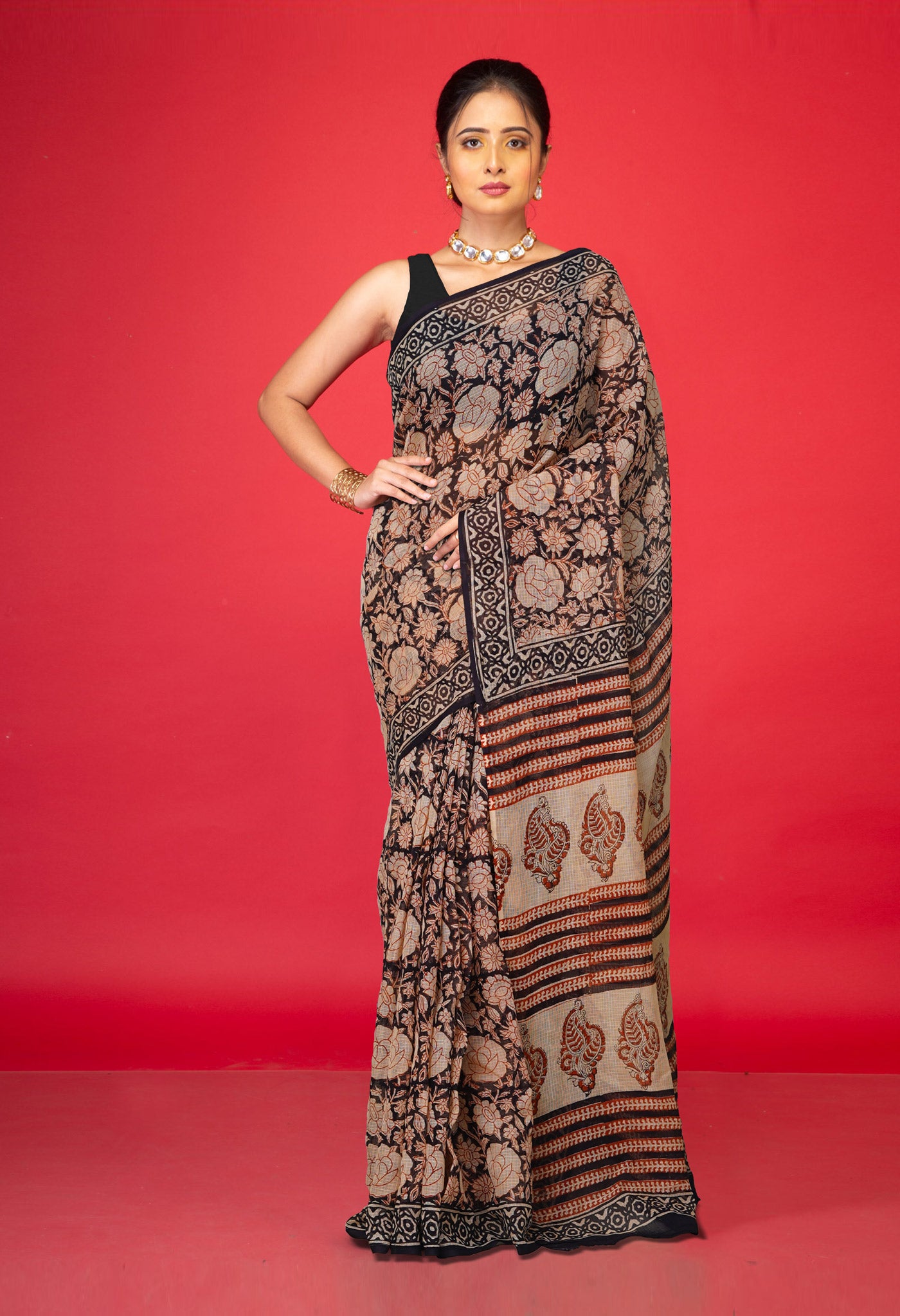 Black Pure Bagru Block Printed Kota Saree-UNM80374