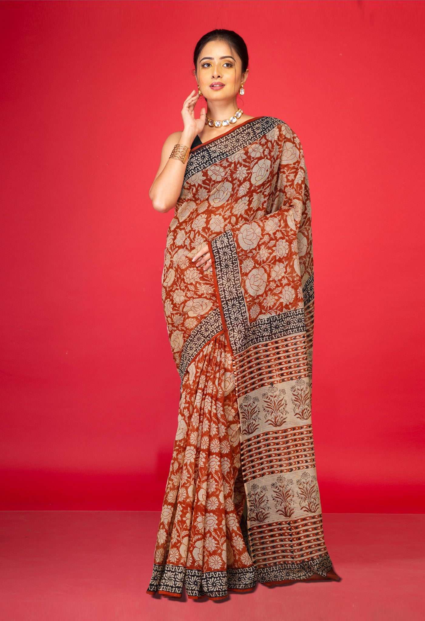 Red Pure Bagru Block Printed Kota Saree-UNM80375