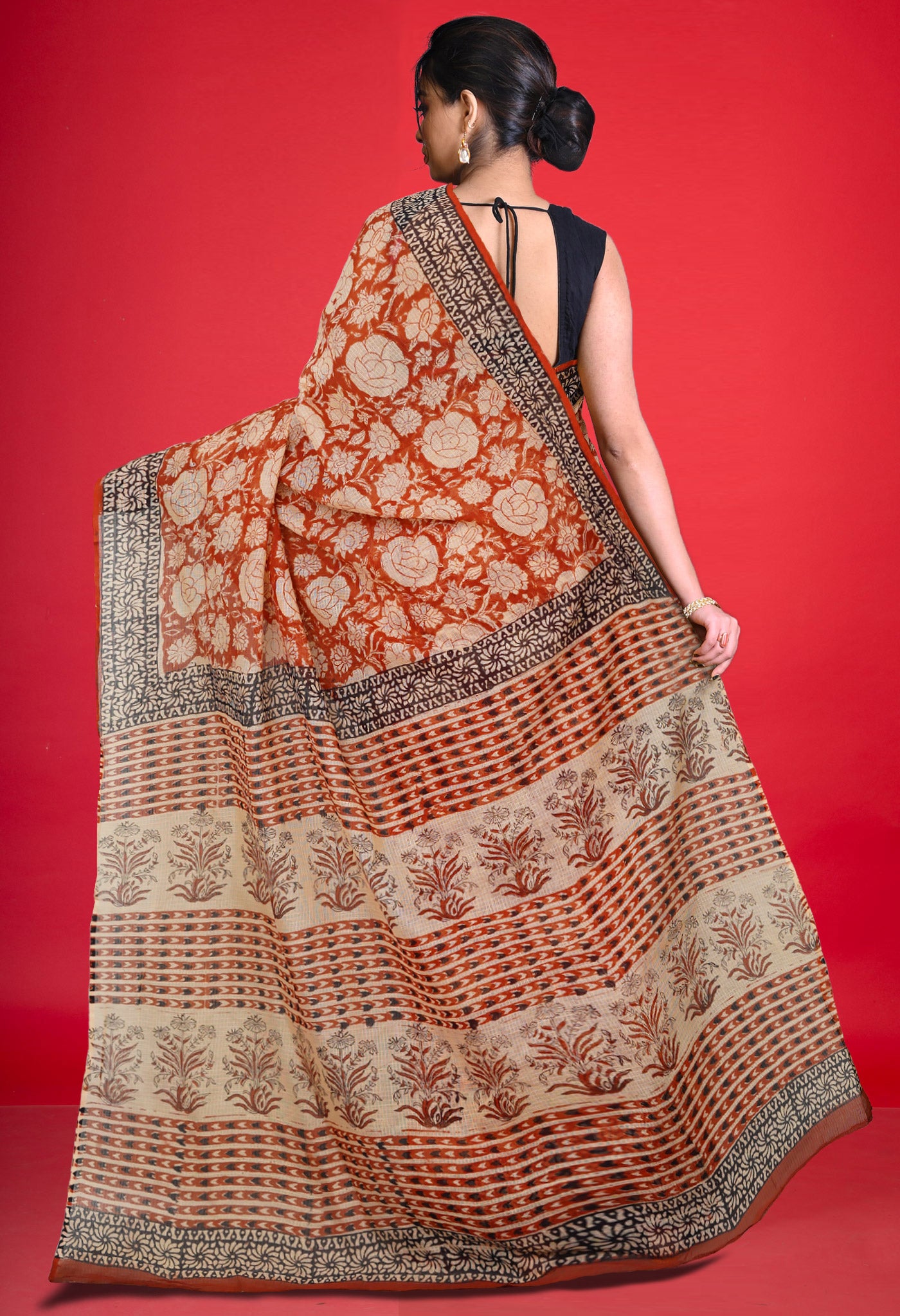 Red Pure Bagru Block Printed Kota Saree-UNM80375