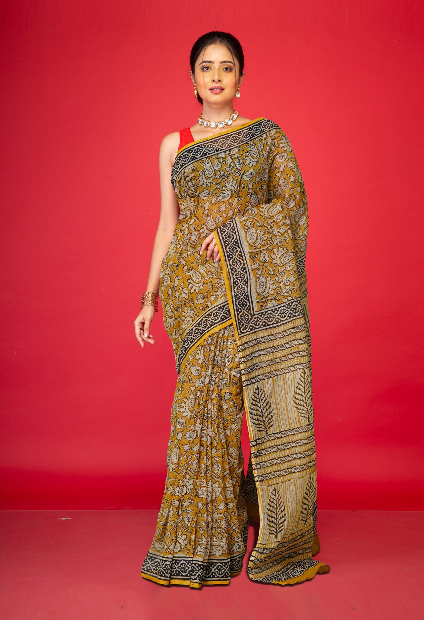 Yellow Pure Bagru Block Printed Kota Saree-UNM80377