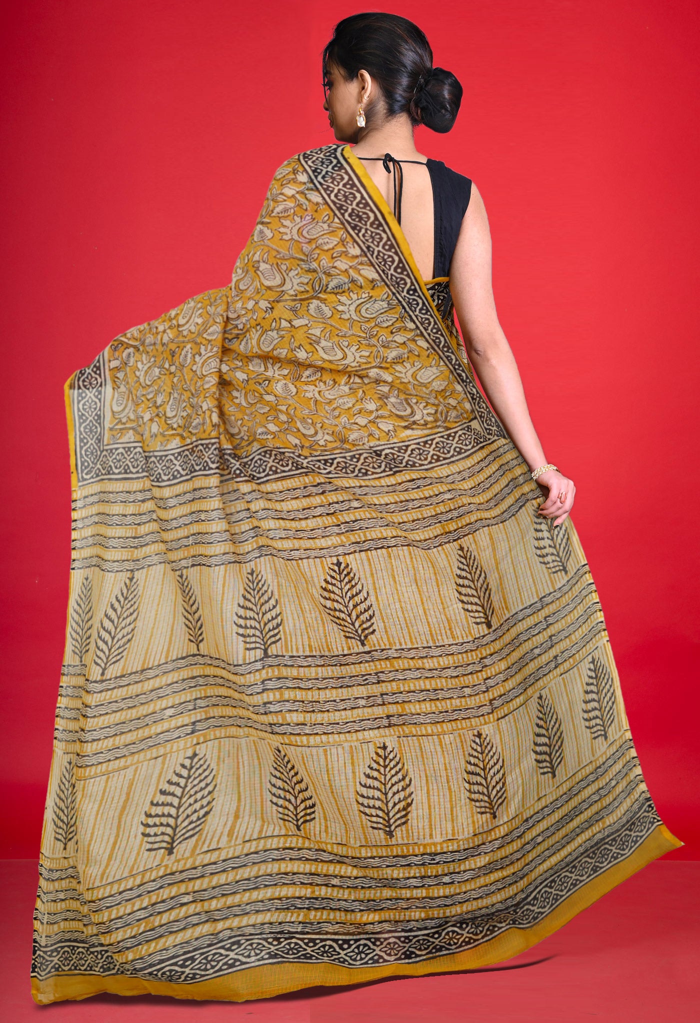 Yellow Pure Bagru Block Printed Kota Saree-UNM80377