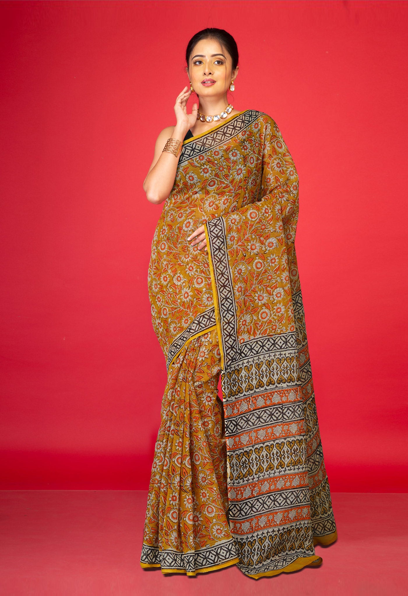 Yellow Pure Bagru Block Printed Kota Saree-UNM80378