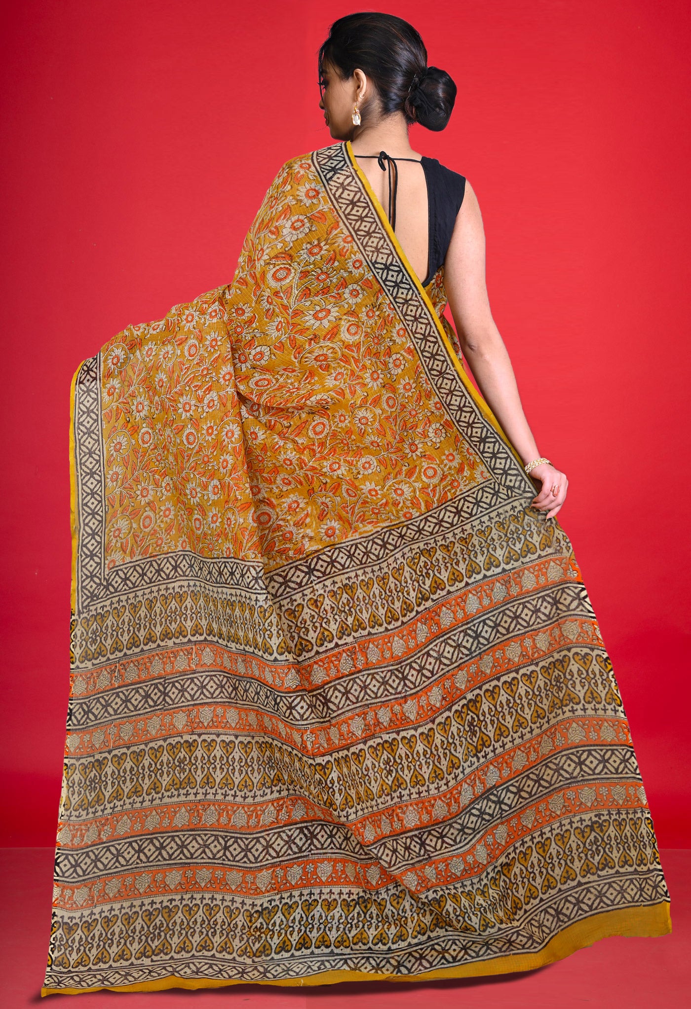 Yellow Pure Bagru Block Printed Kota Saree-UNM80378