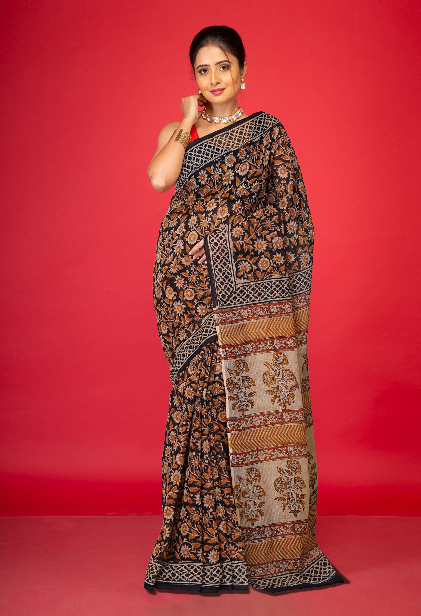 Black Pure Bagru Block Printed Kota Saree-UNM80379