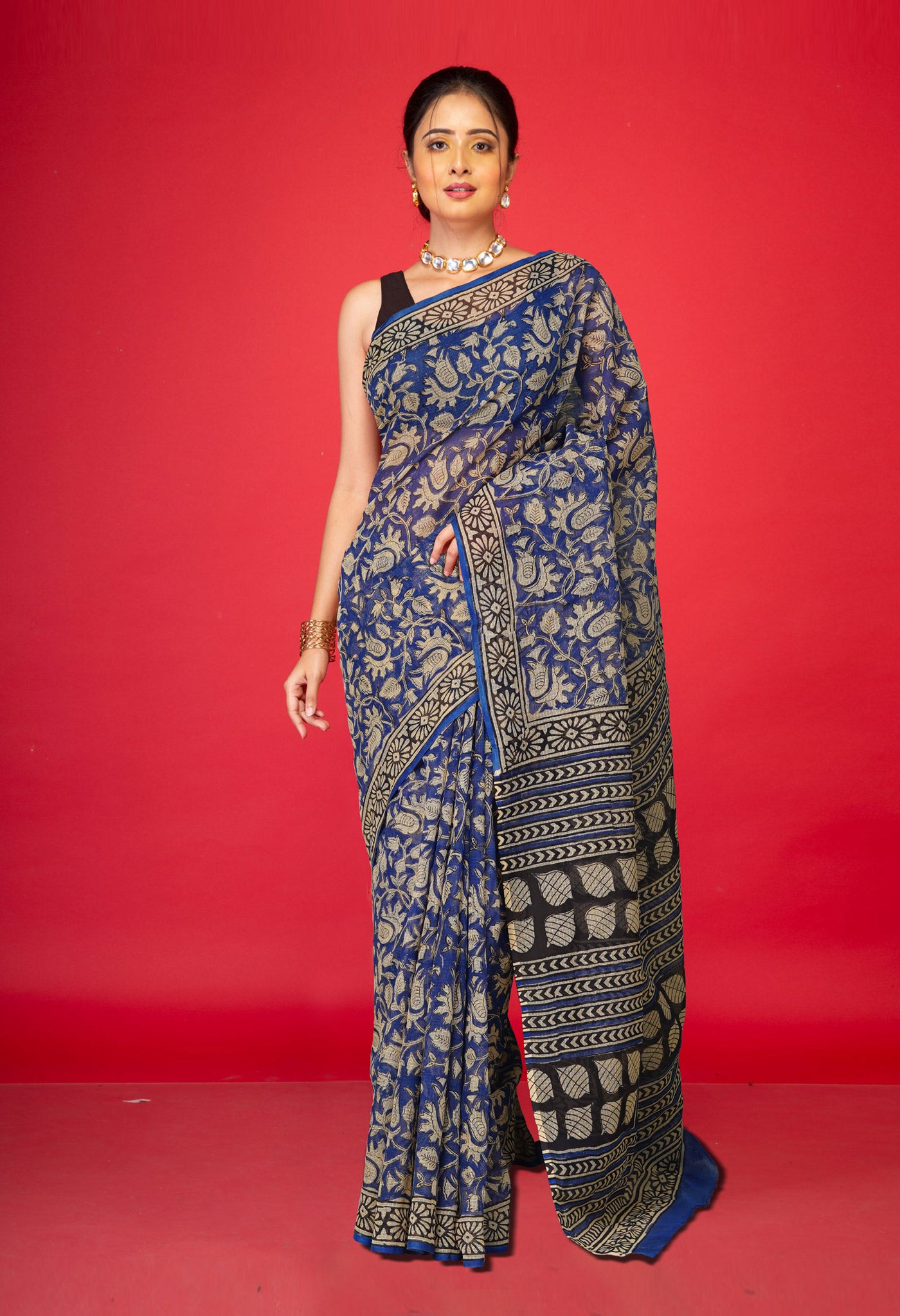 Blue Pure Bagru Block Printed Kota Saree-UNM80381