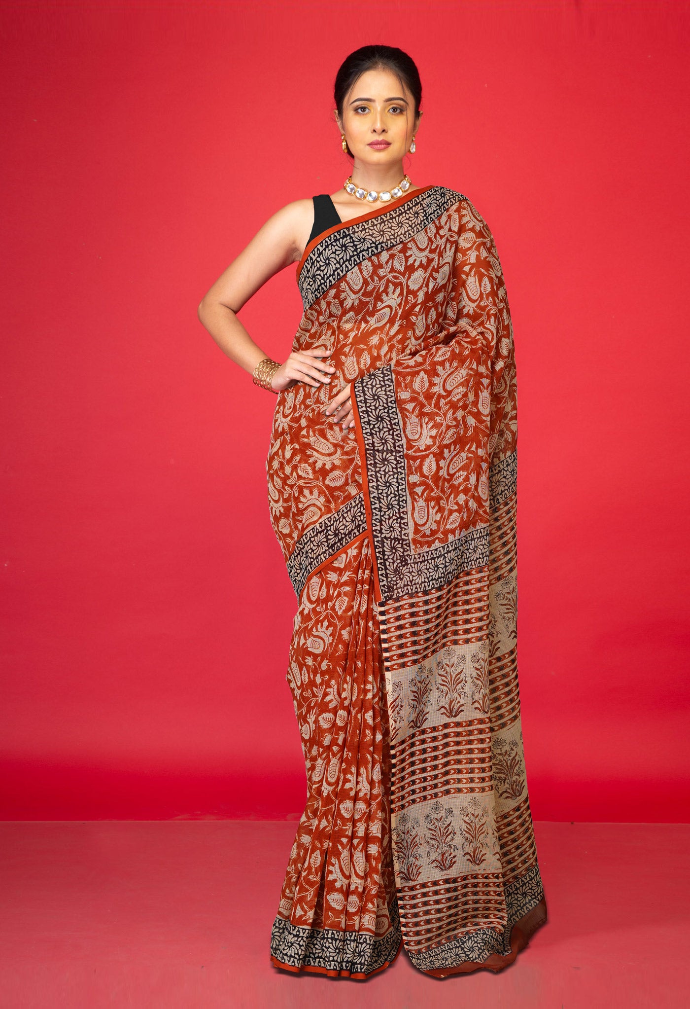 Red Pure Ajrakh Block Printed Kota Saree-UNM80383