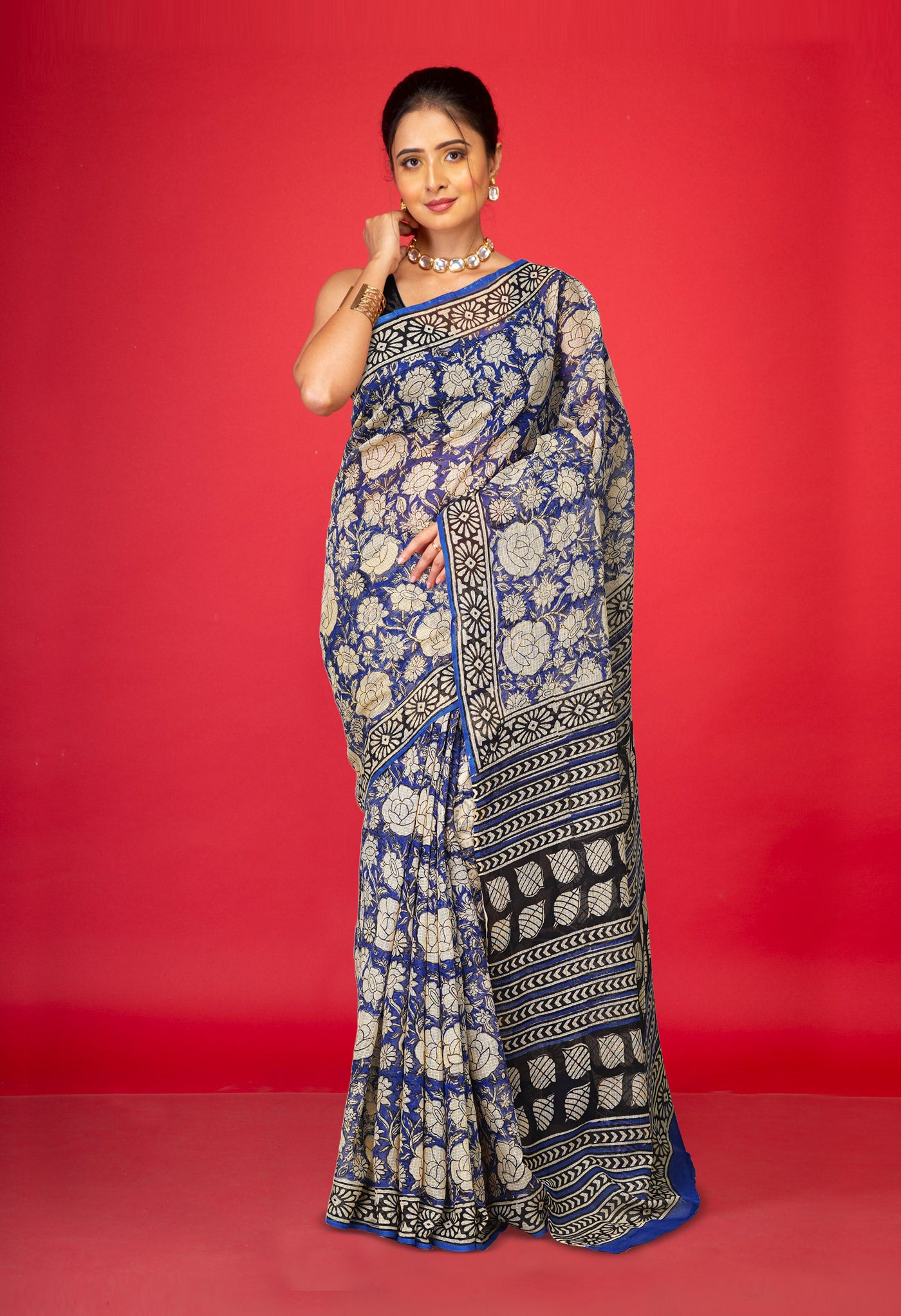 Blue Pure Ajrakh Block Printed Kota Saree-UNM80384