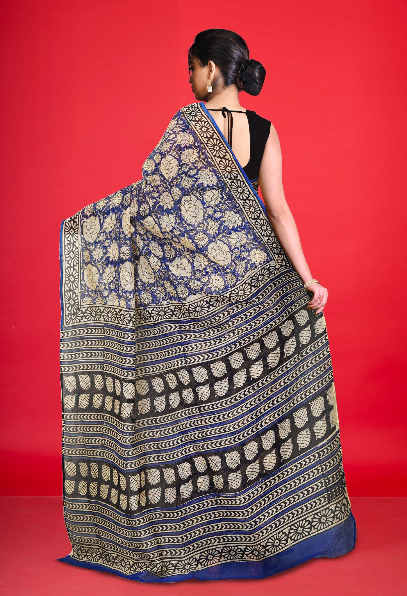 Blue Pure Ajrakh Block Printed Kota Saree-UNM80384