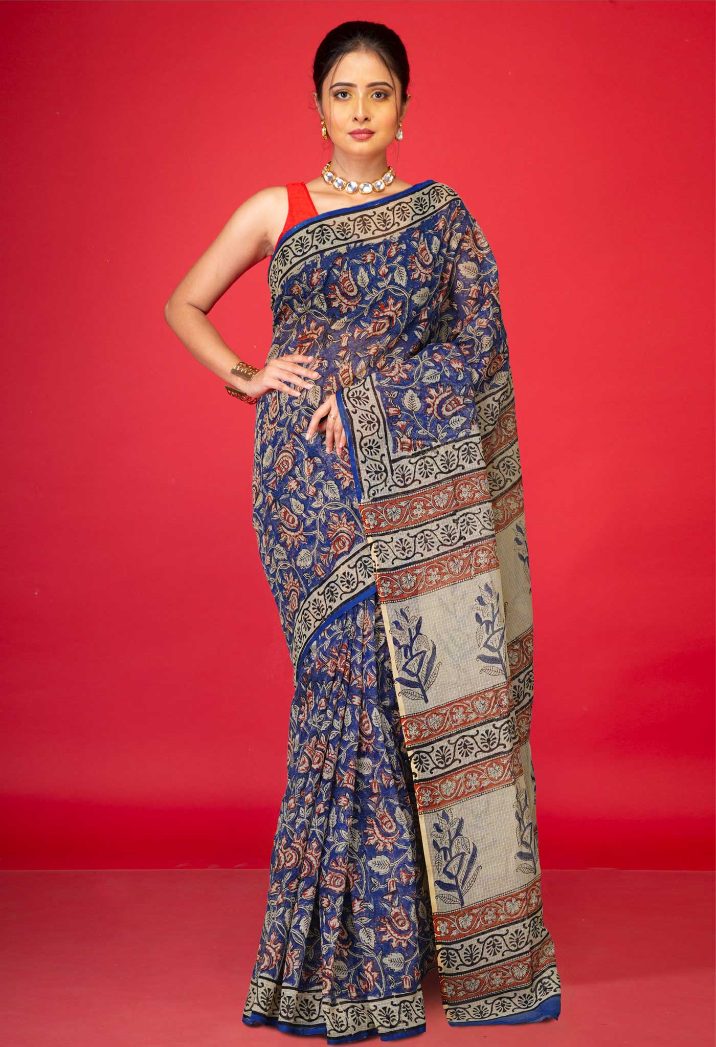 Blue Pure Ajrakh Block Printed Kota Saree-UNM80386