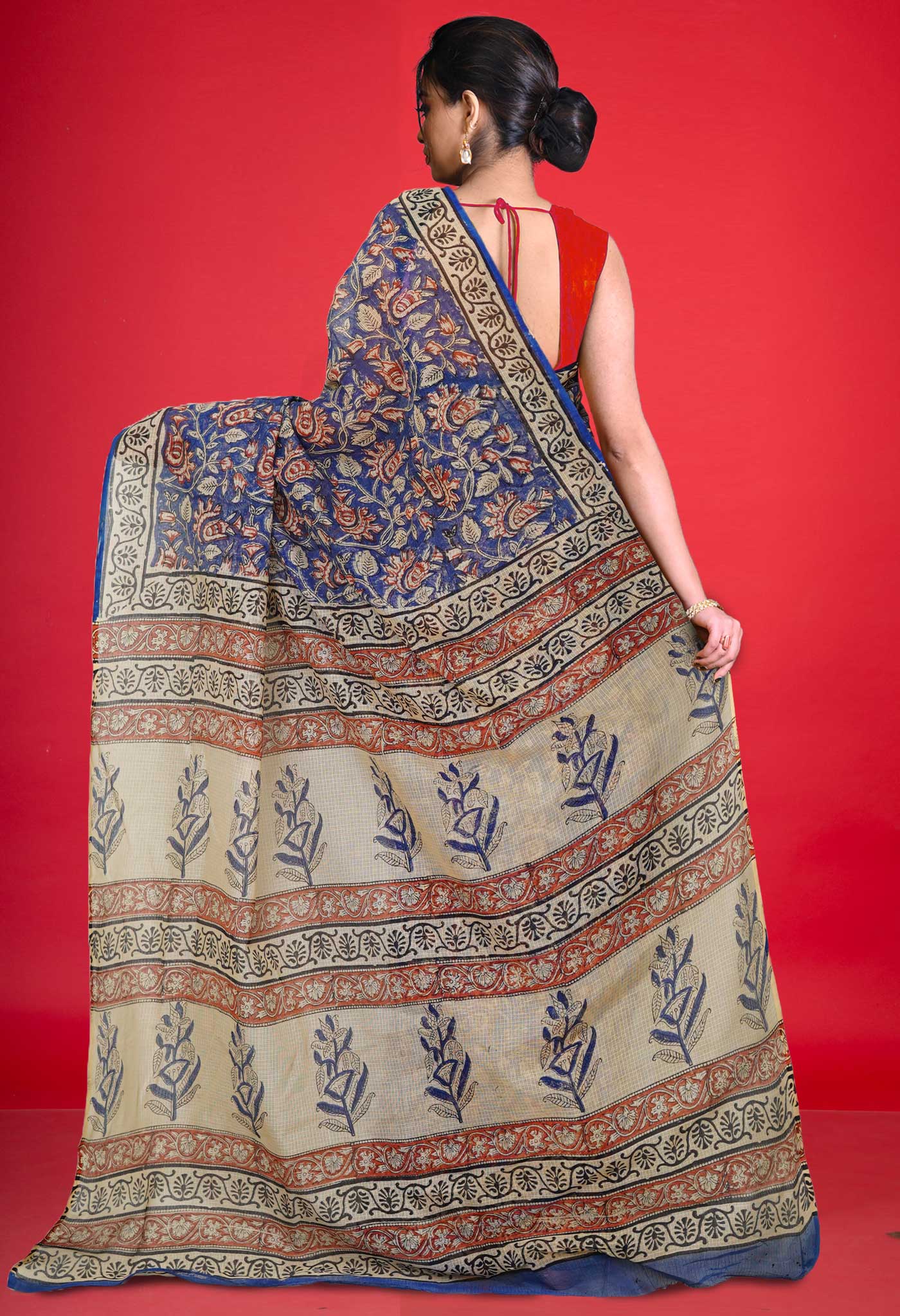 Blue Pure Ajrakh Block Printed Kota Saree-UNM80386