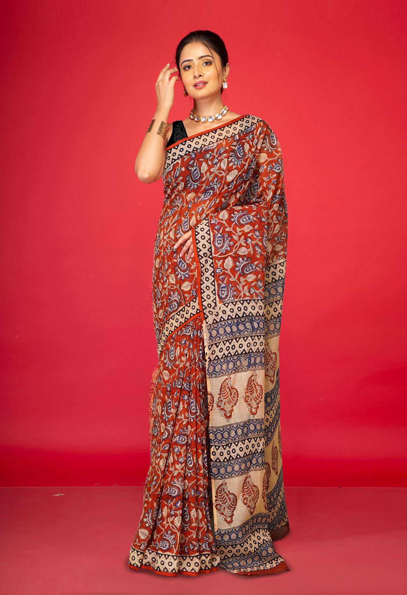 Red Pure Ajrakh Block Printed Kota Saree-UNM80387