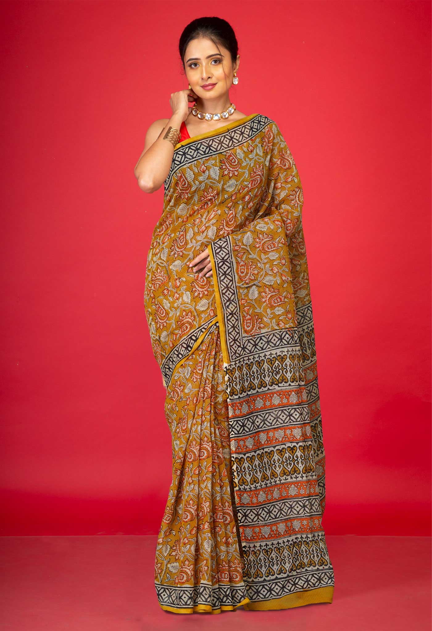 Yellow Pure Ajrakh Block Printed Kota Saree-UNM80388