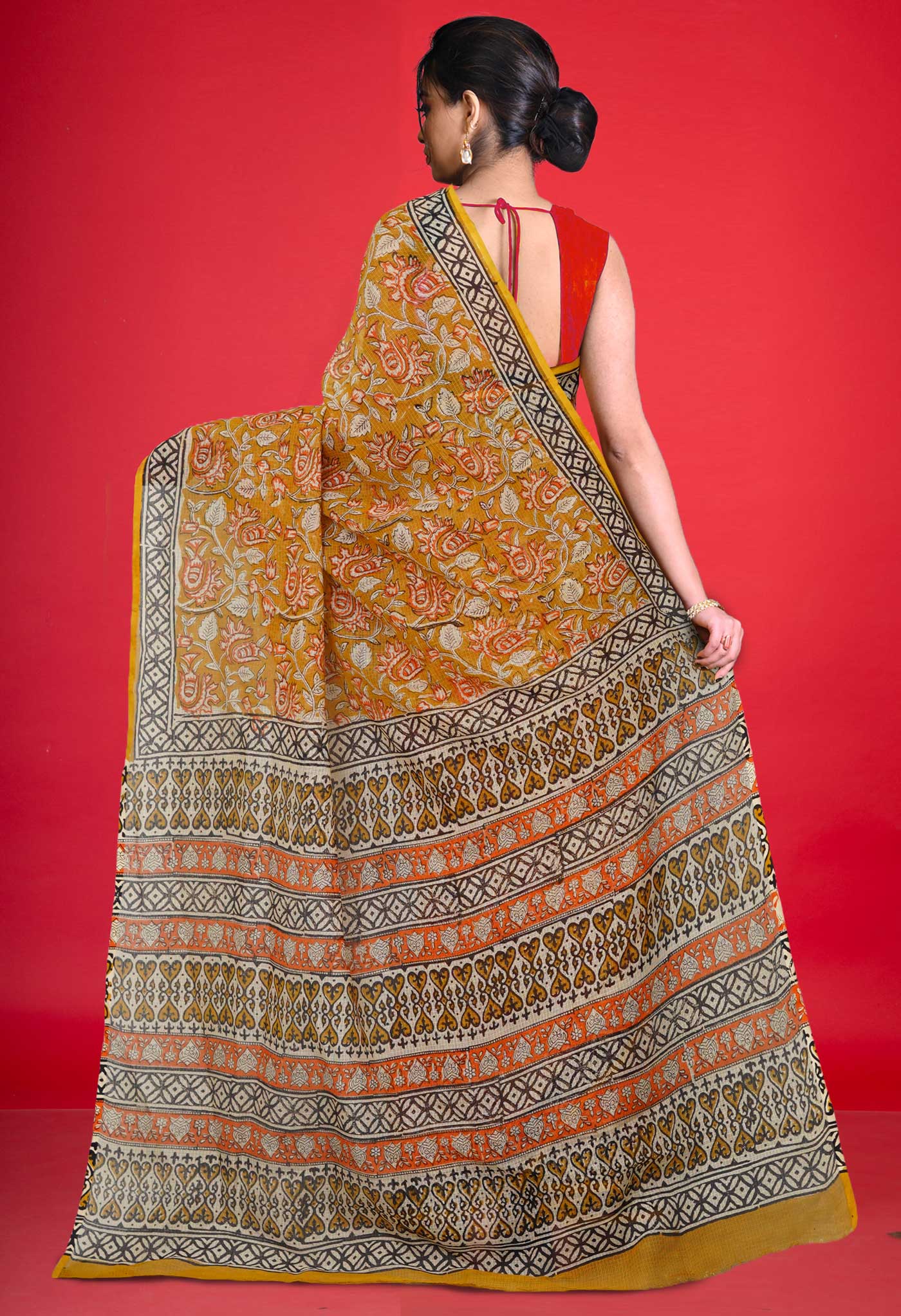 Yellow Pure Ajrakh Block Printed Kota Saree-UNM80388