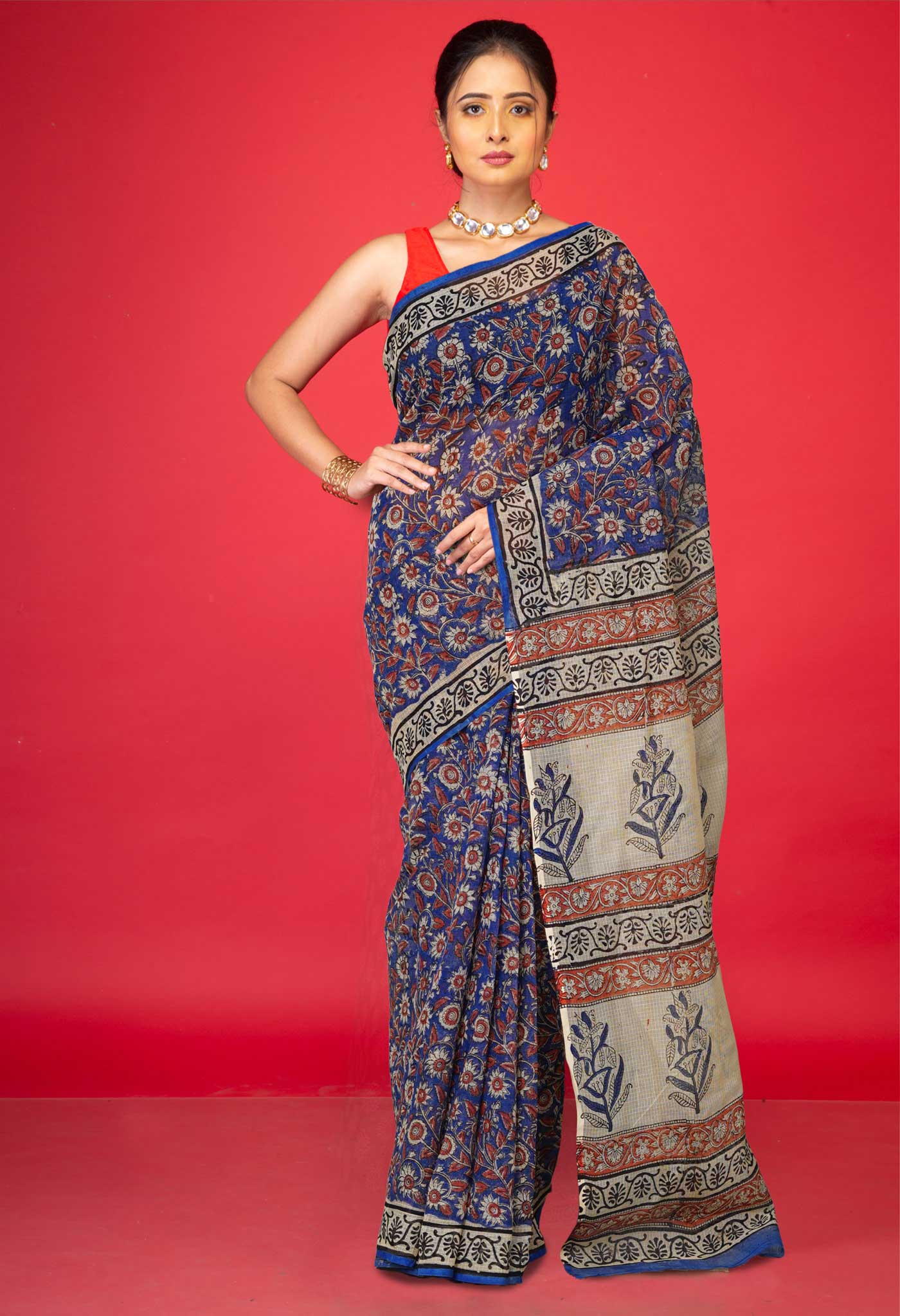 Blue Pure Ajrakh Block Printed Kota Saree-UNM80389