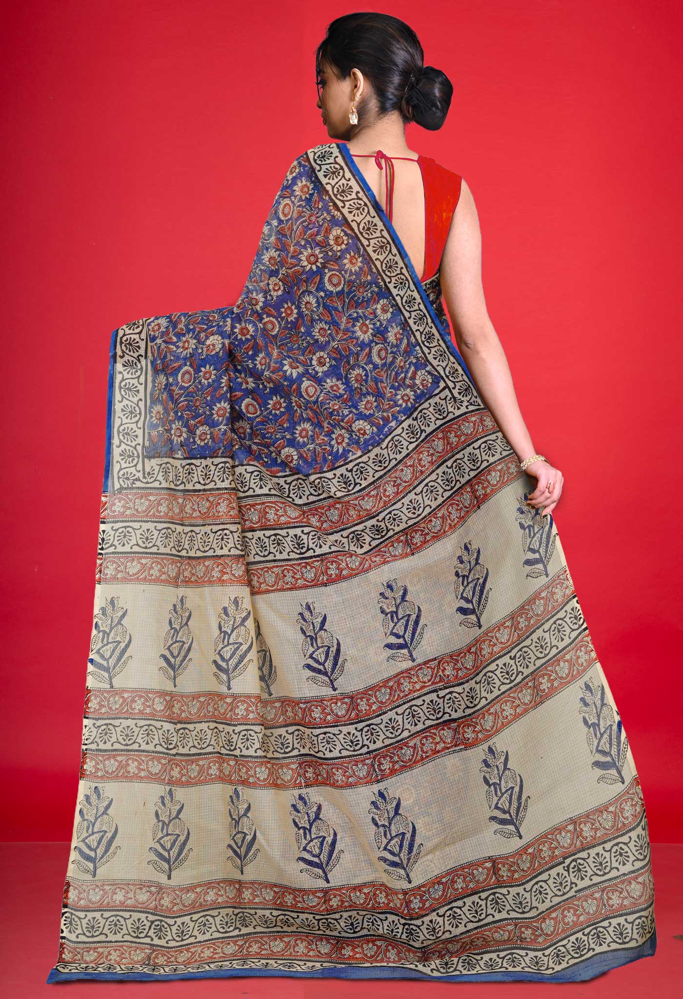 Blue Pure Ajrakh Block Printed Kota Saree-UNM80389