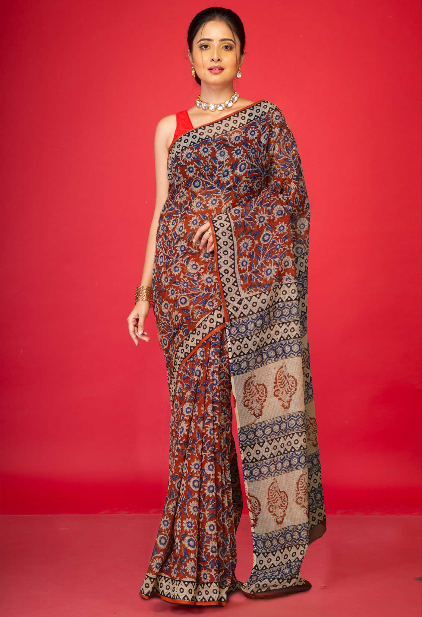 Red Pure Ajrakh Block Printed Kota Saree-UNM80390