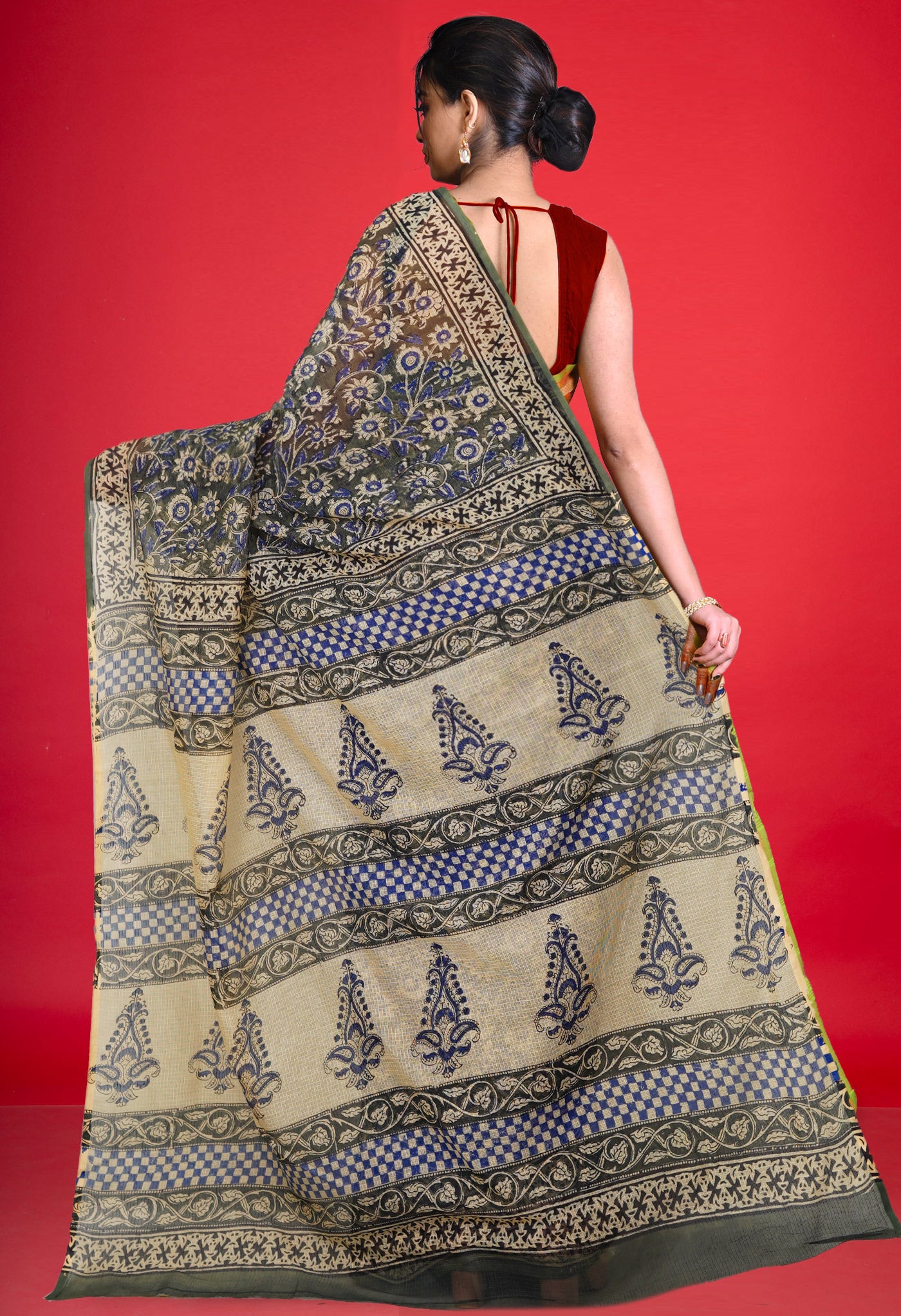 Olive Green Pure Ajrakh Block Printed Kota Saree-UNM80391