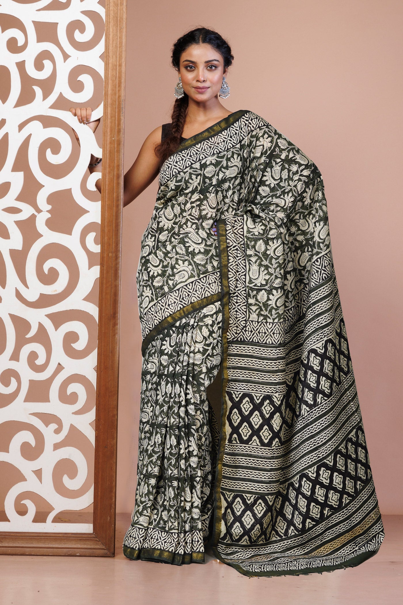 Green Pure Bagru Printed Pashmina Sico Saree-UNM80396