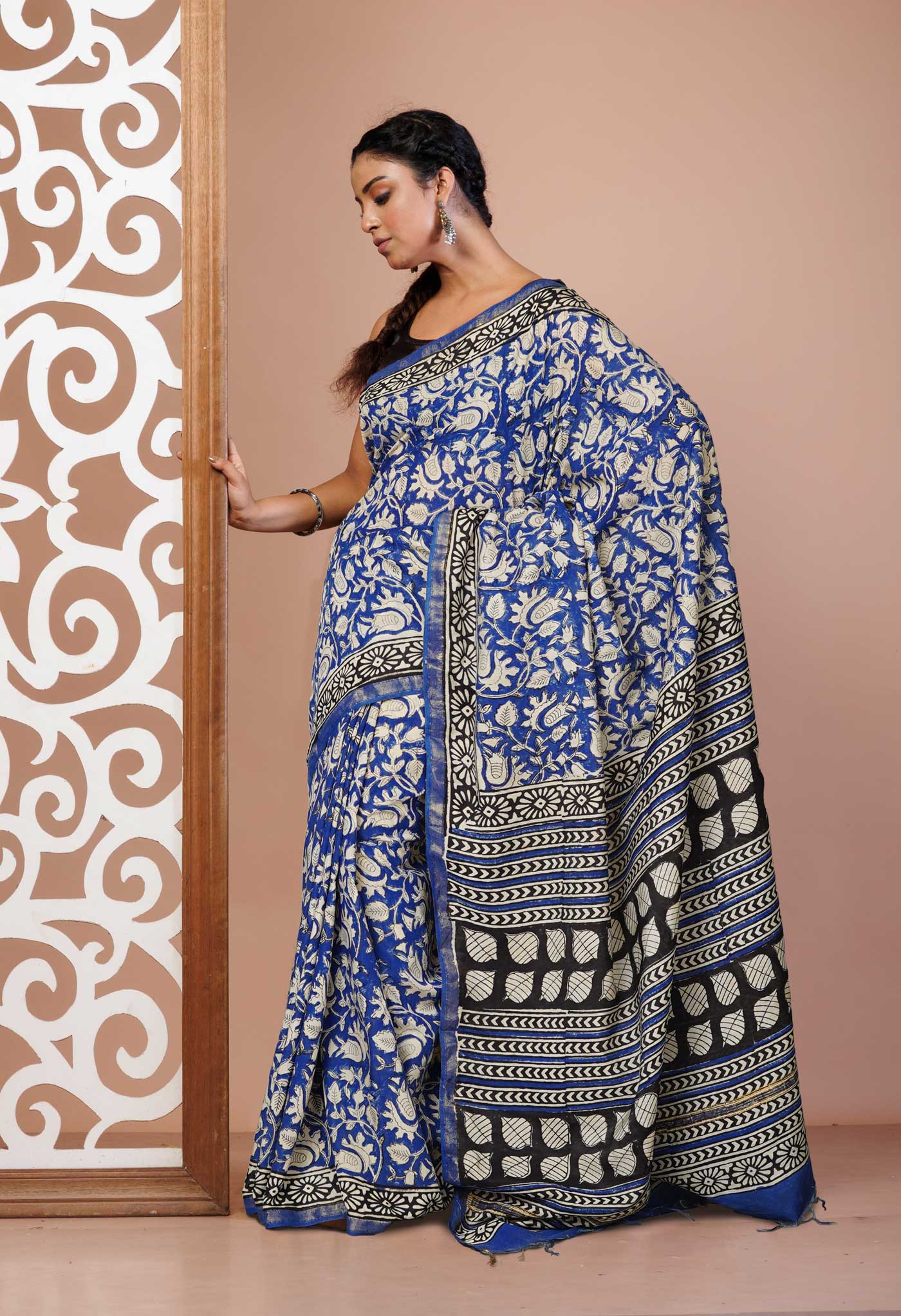 Blue Pure Bagru Printed Pashmina Sico Saree-UNM80397