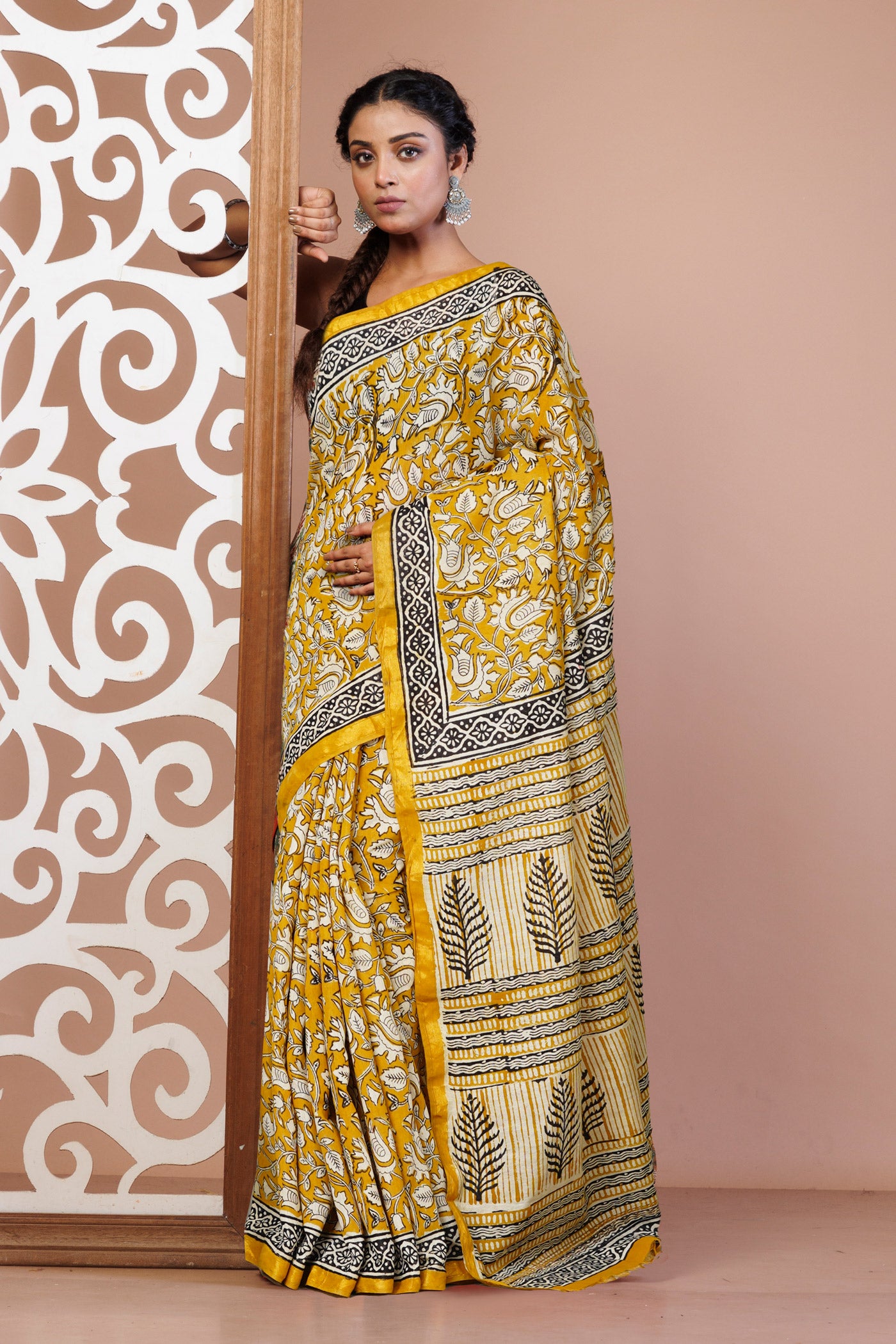 Yellow Pure Bagru Printed Pashmina Sico Saree-UNM80398