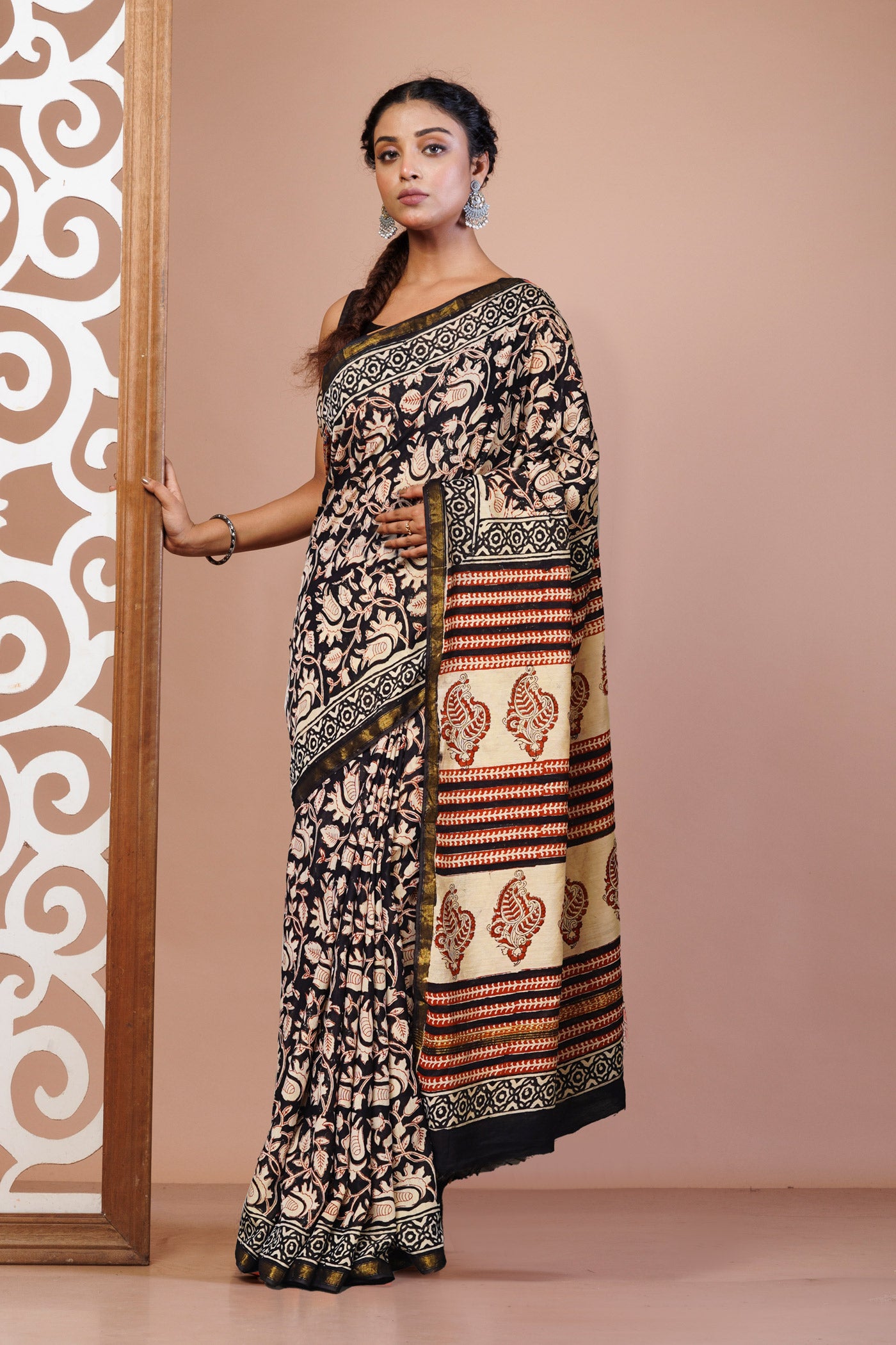 Black Pure Bagru Printed Pashmina Sico Saree-UNM80399