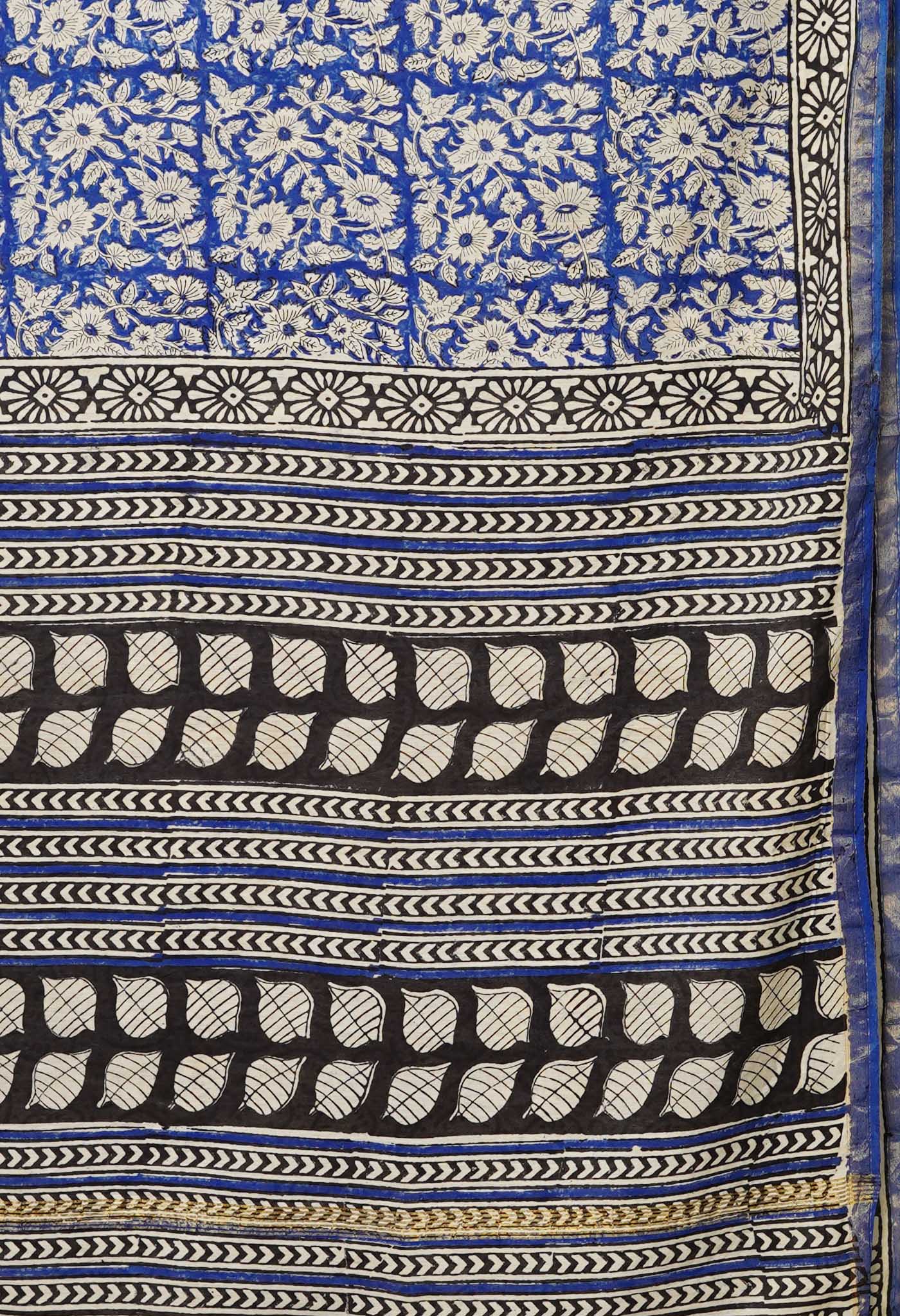 Blue Pure Bagru Printed Pashmina Sico Saree-UNM80400