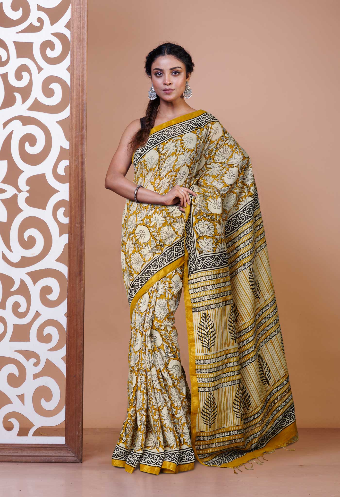 Yellow Pure Bagru Printed Pashmina Sico Saree-UNM80404