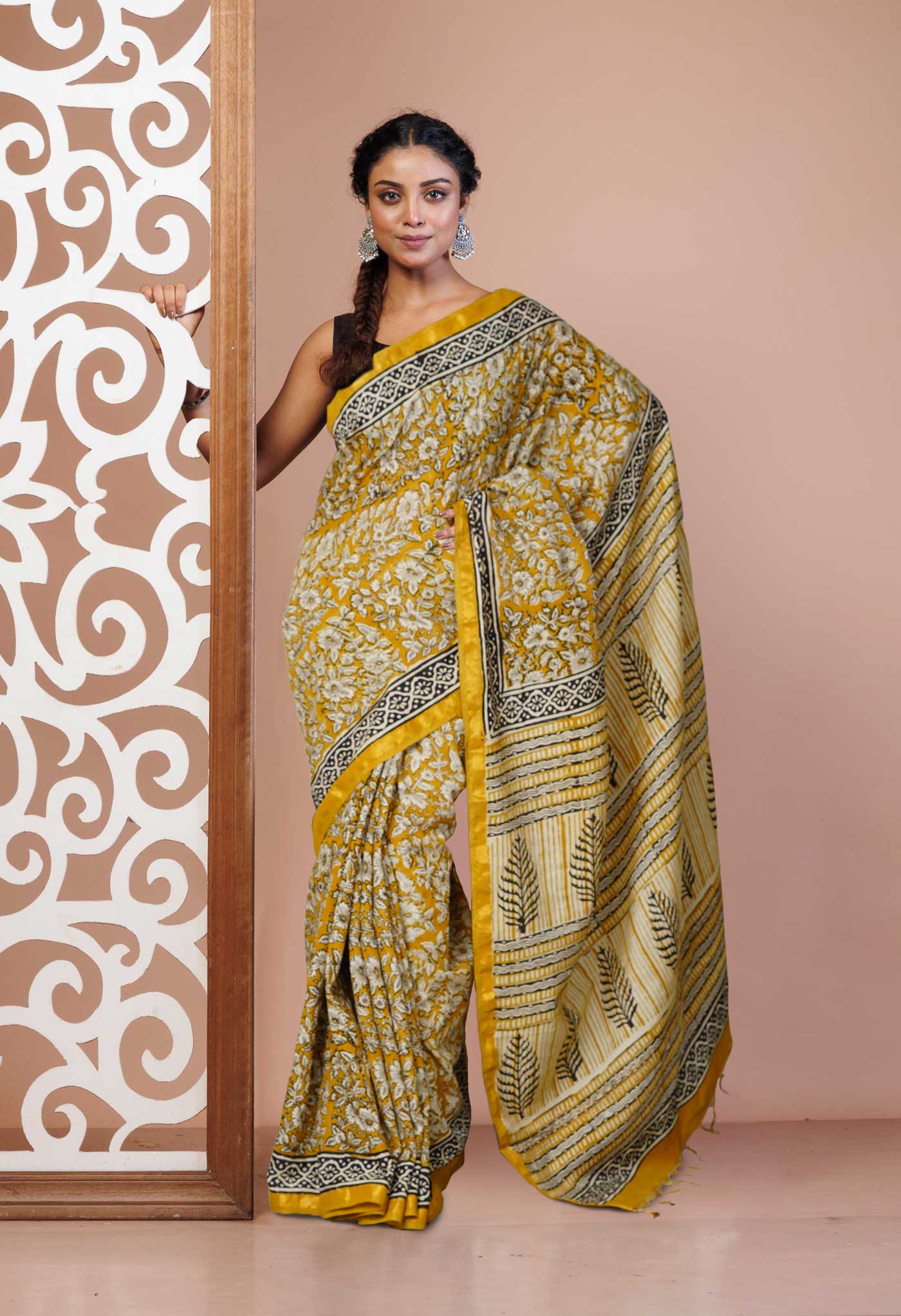 Yellow Pure Bagru Printed Pashmina Sico Saree-UNM80406