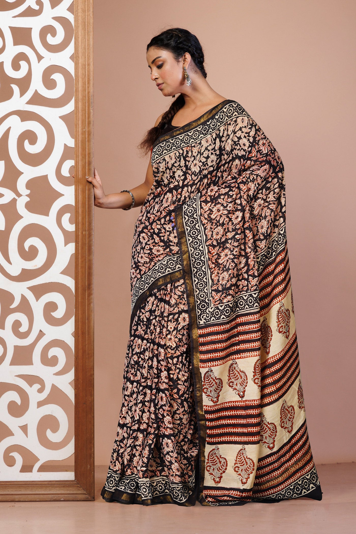 Black Pure Bagru Printed Pashmina Sico Saree-UNM80407