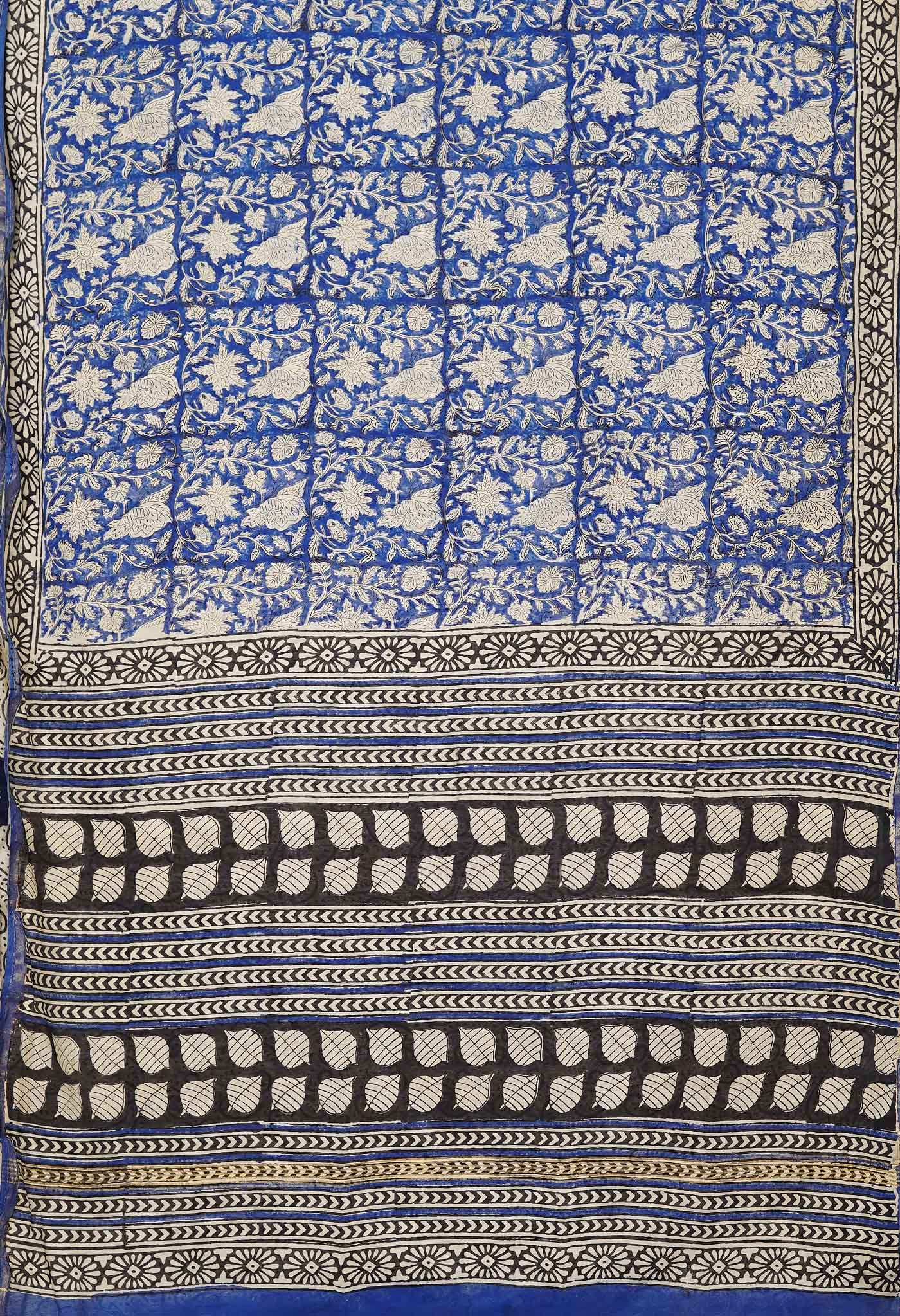 Blue Pure Bagru Printed Pashmina Sico Saree-UNM80408