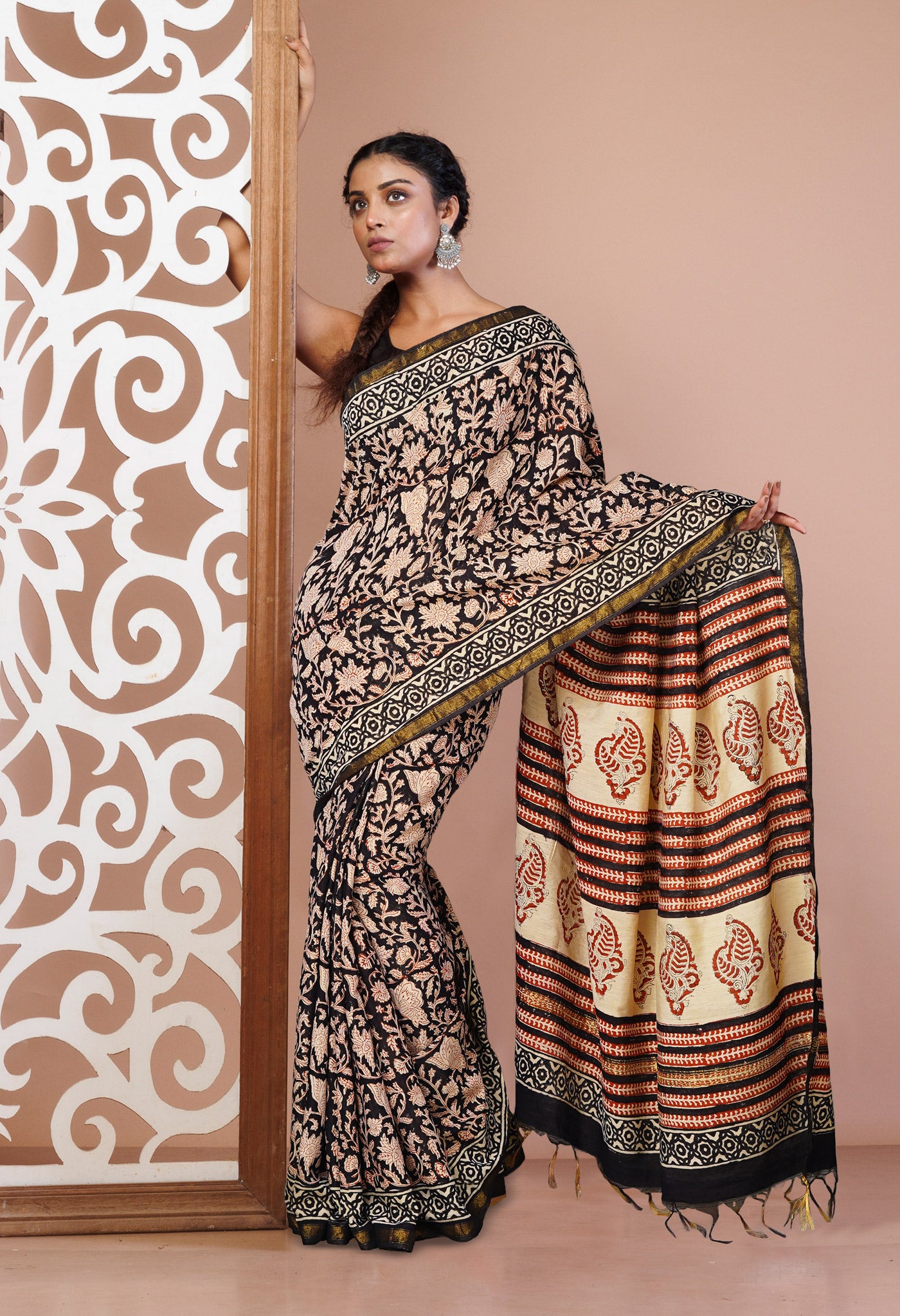 Black Pure Bagru Printed Pashmina Sico Saree-UNM80410