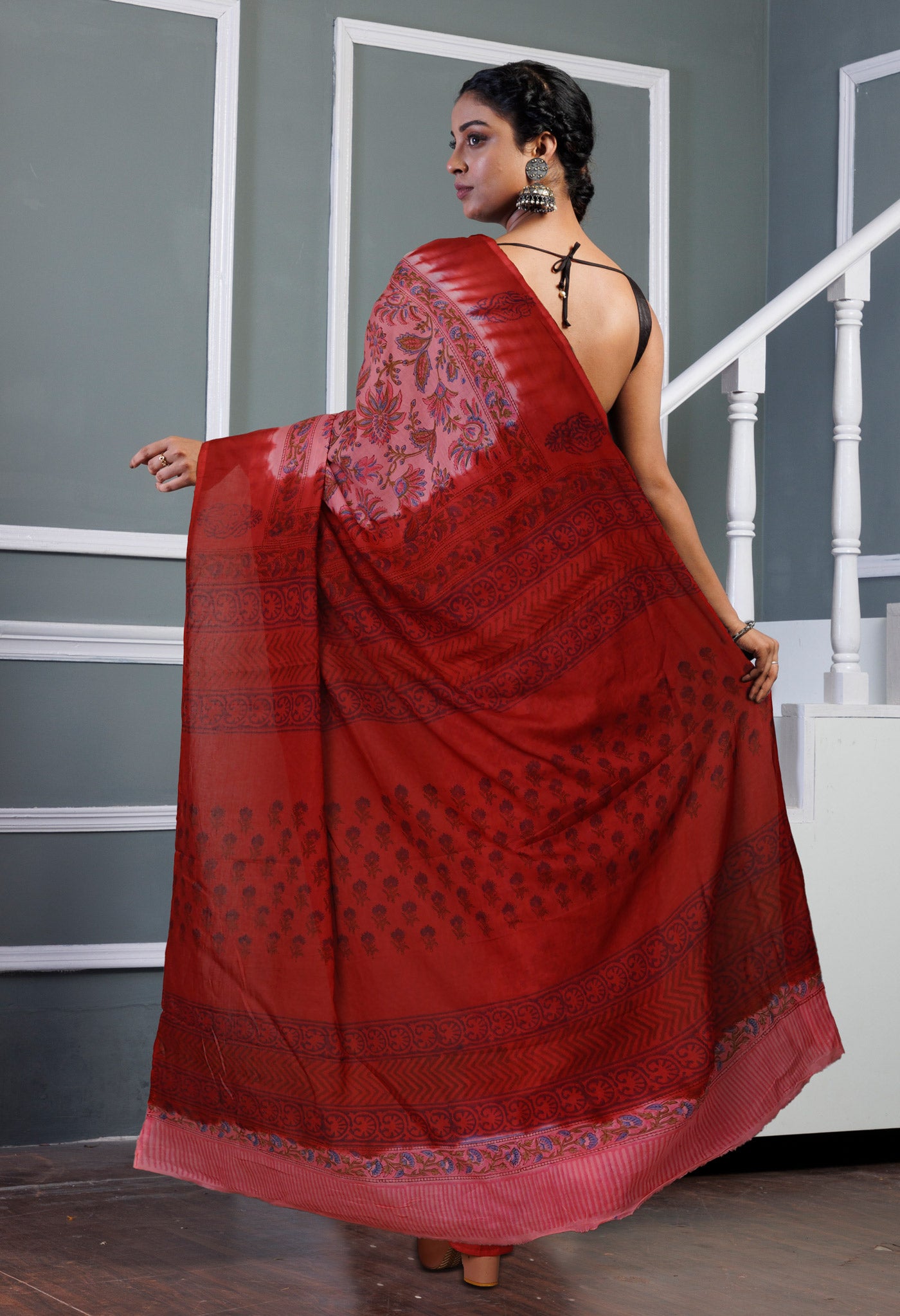 Pink-Burgundy Pure Hand Block Printed Soft Cotton Saree-UNM80427