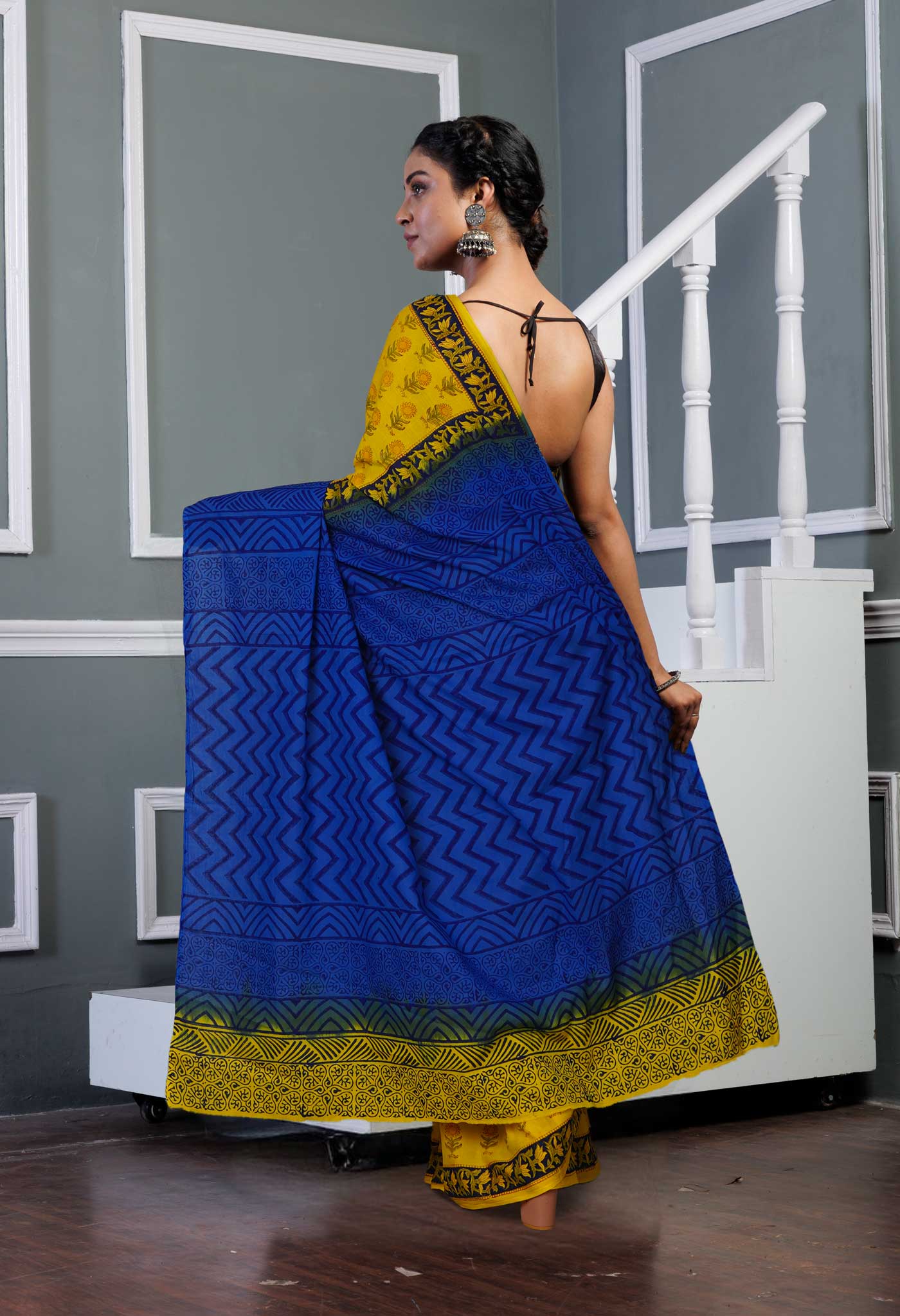 Yellow-Blue Pure Hand Block Printed Soft Cotton Saree-UNM80434