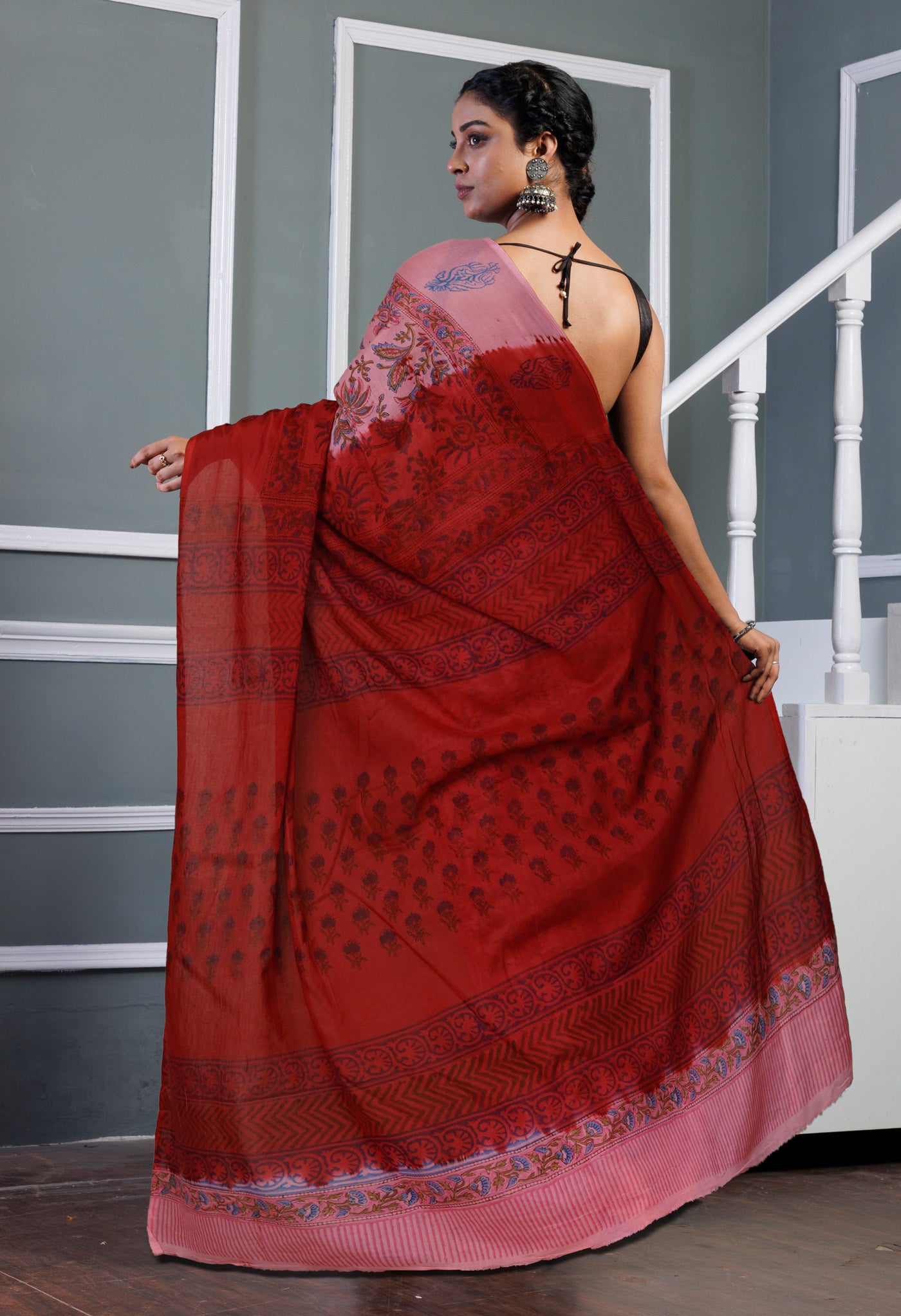 Pink-Burgundy Pure Hand Block Printed Soft Cotton Saree-UNM80435