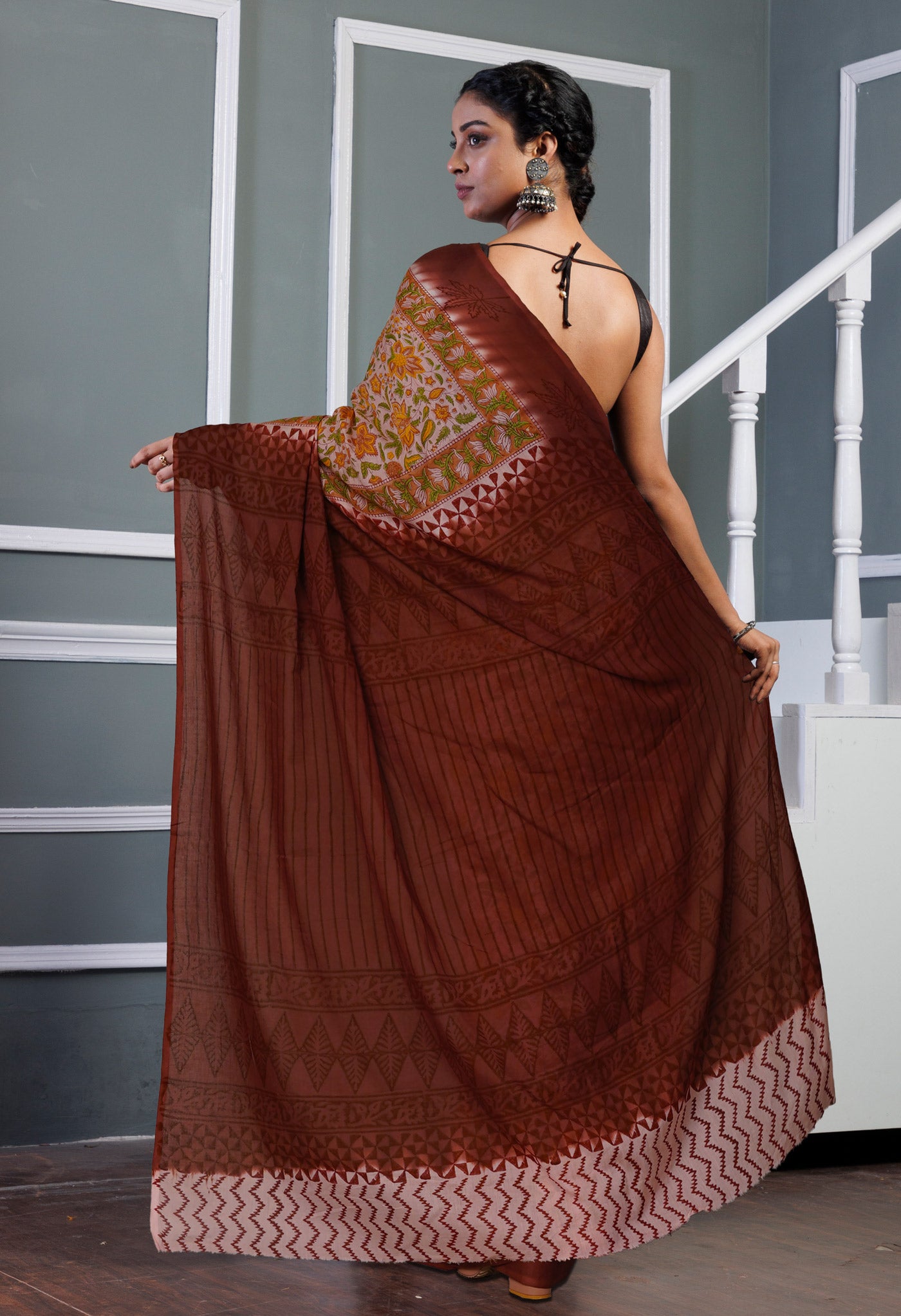 Light Pink-Brown Pure Hand Block Printed Soft Cotton Saree-UNM80437