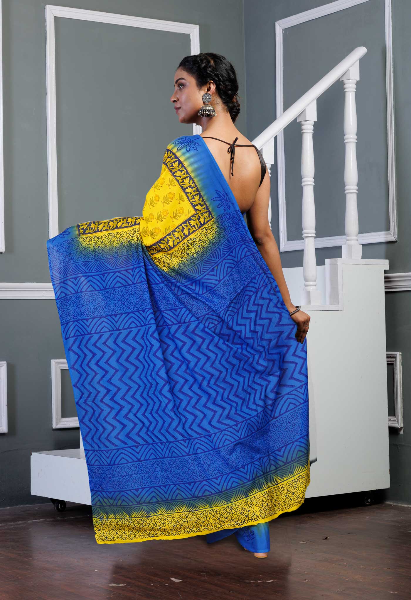 Yellow-Blue Pure Hand Block Printed Soft Cotton Saree-UNM80439